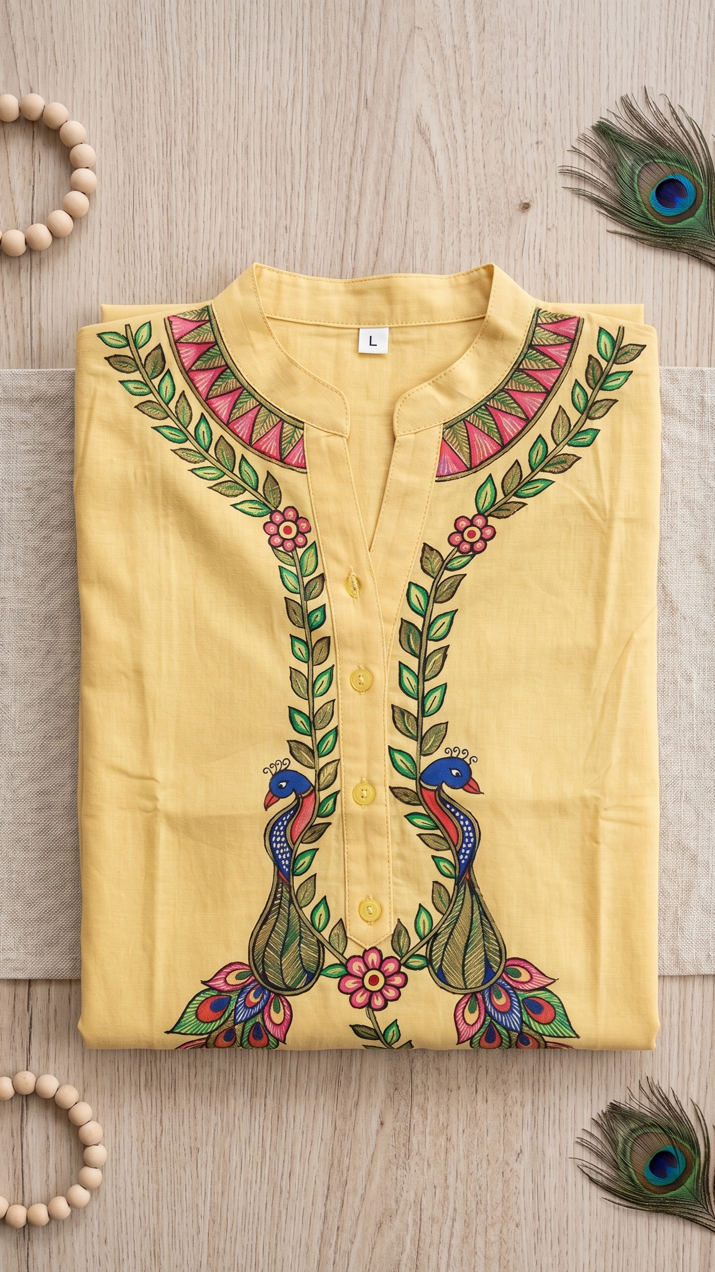 Mustard Yellow Hand-Painted Madhubani Cotton Kurta | Rangika Studio
