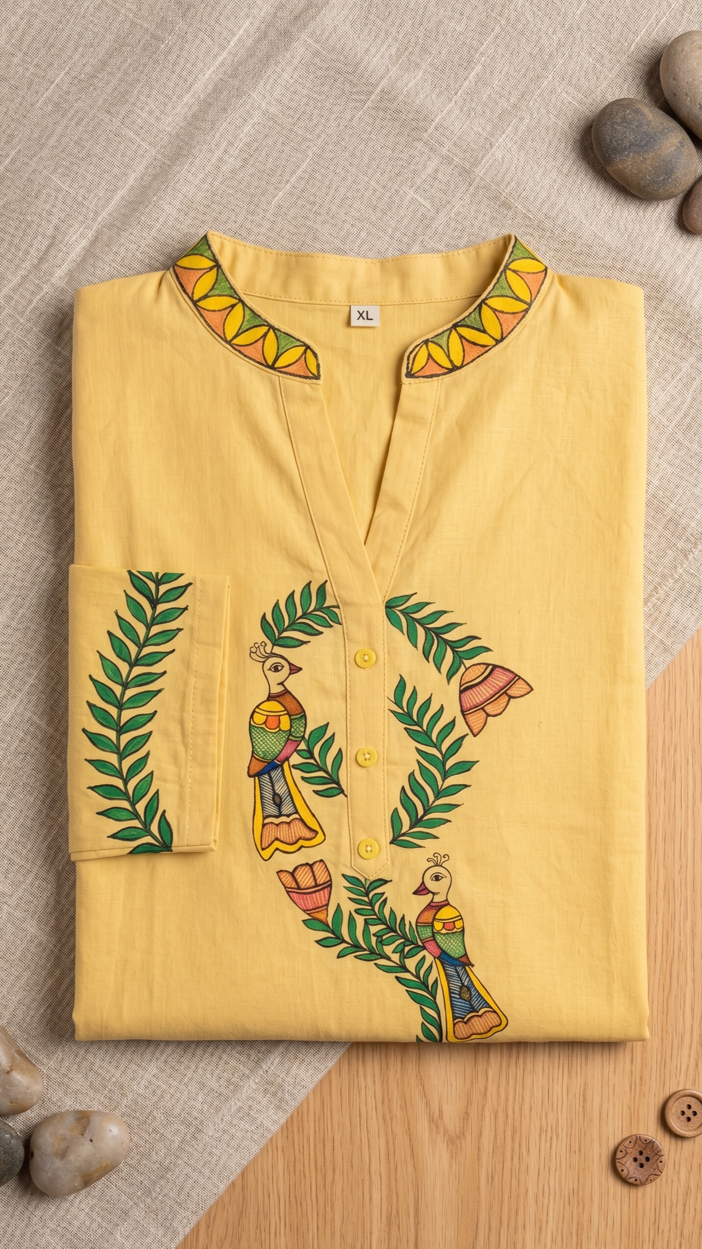 Mustard Yellow Hand-Painted Madhubani Cotton Kurta | Rangika Studio