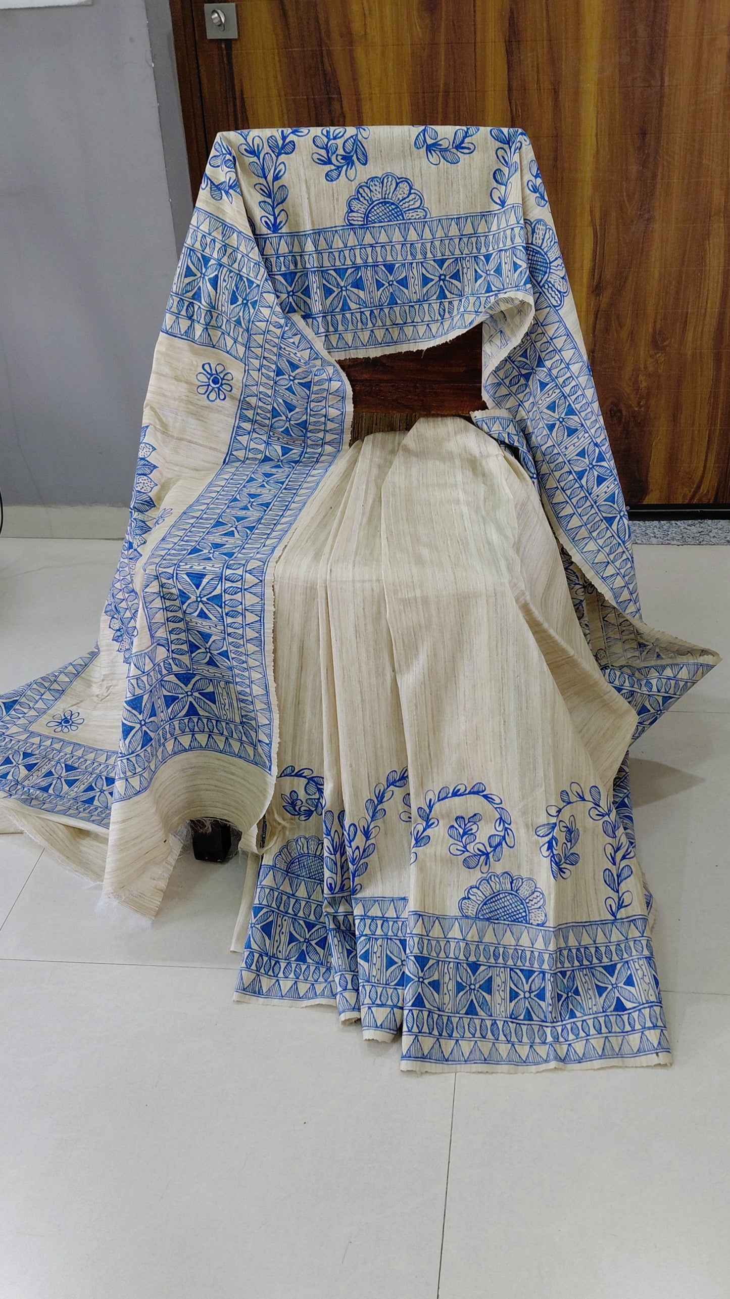 Natural Tussar Ghicha Silk Saree with Monochrome Blue Madhubani Hand Painting