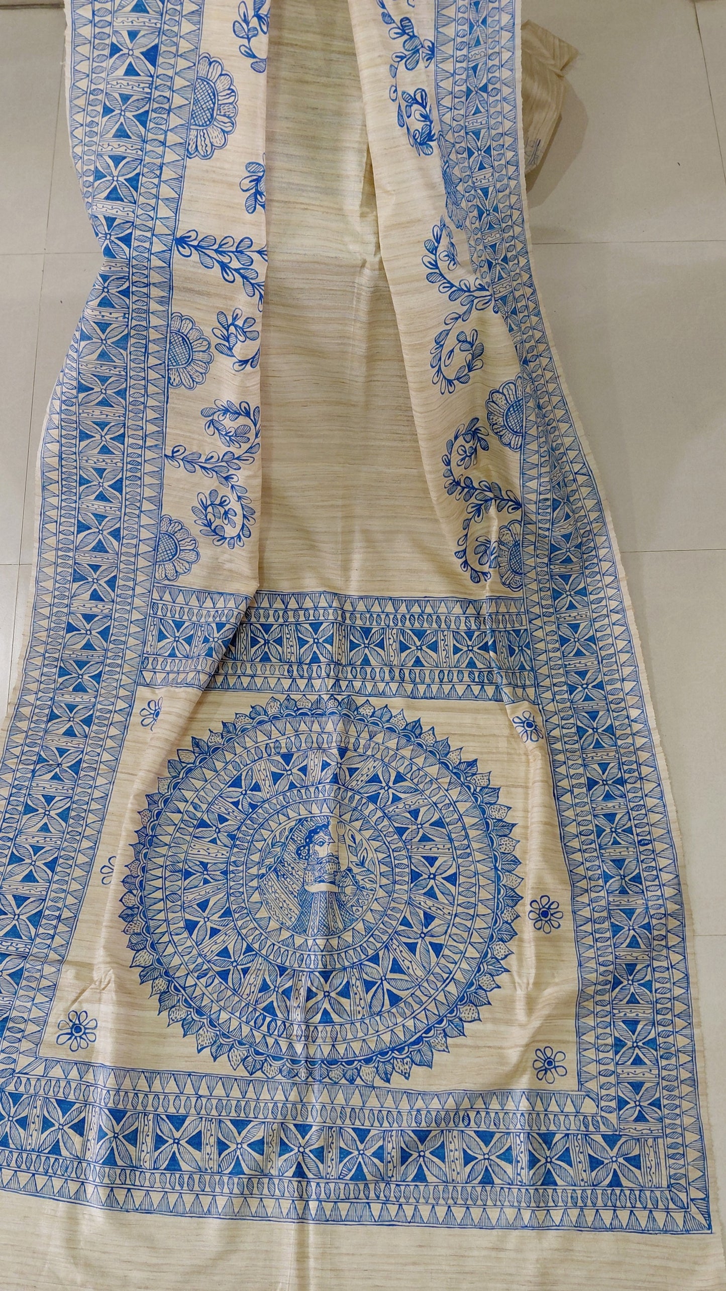 Natural Tussar Ghicha Silk Saree with Monochrome Blue Madhubani Hand Painting