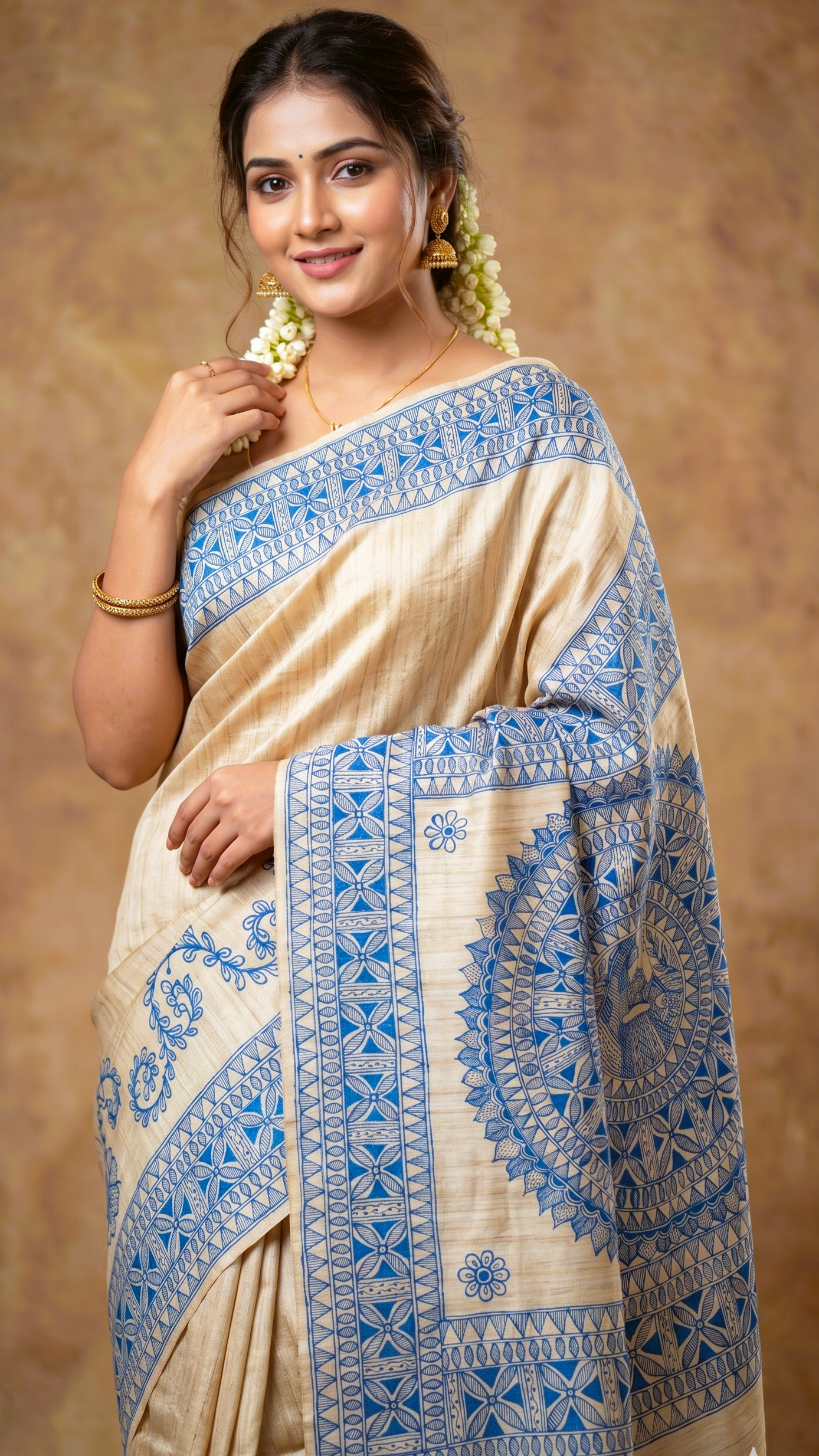 Natural Tussar Ghicha Silk Saree with Monochrome Blue Madhubani Hand Painting