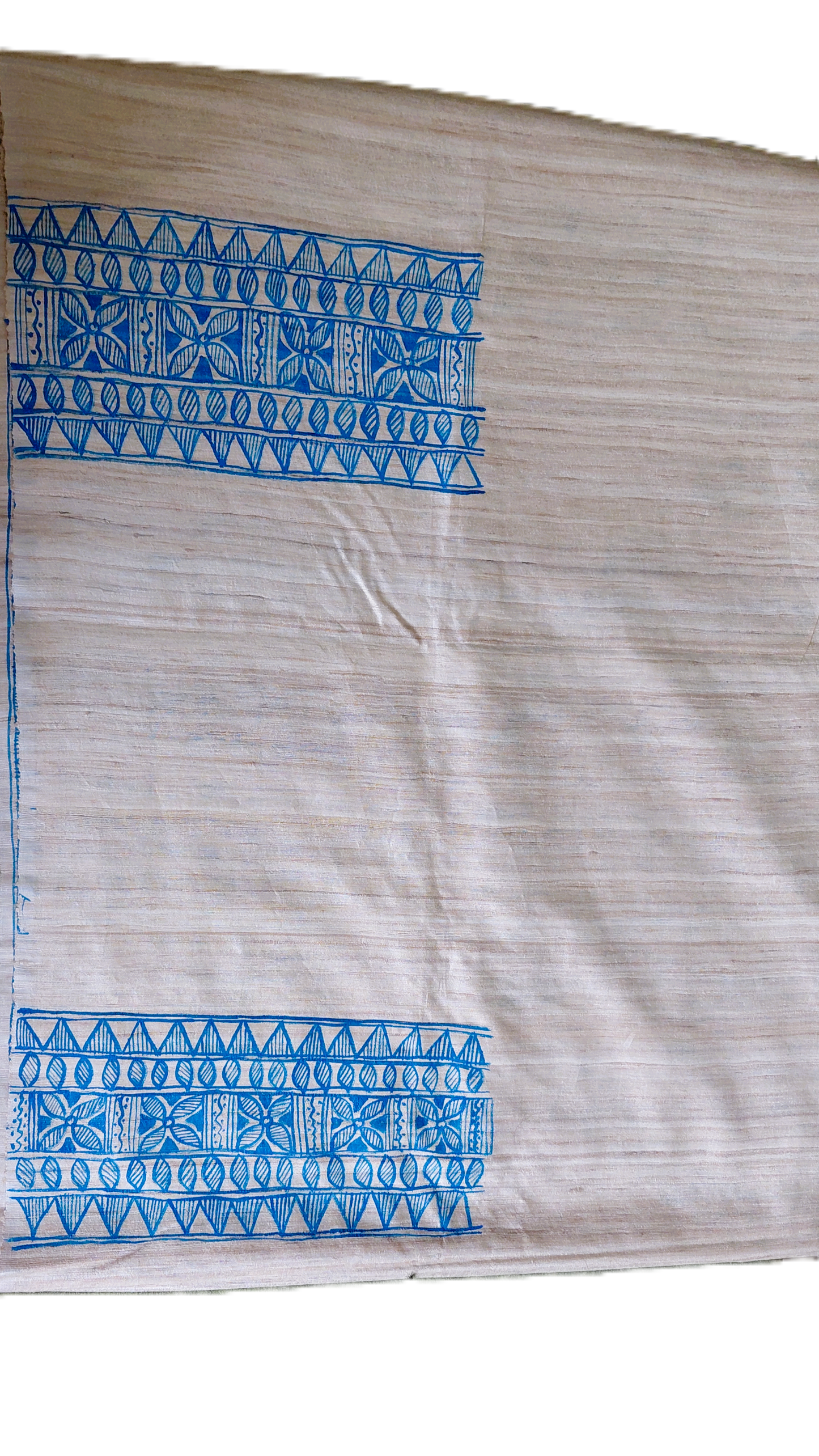 Natural Tussar Ghicha Silk Saree with Monochrome Blue Madhubani Hand Painting