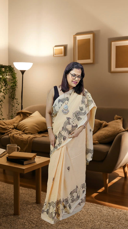 Natural Ivory Khadi Cotton Madhubani hand-painted fish motif saree