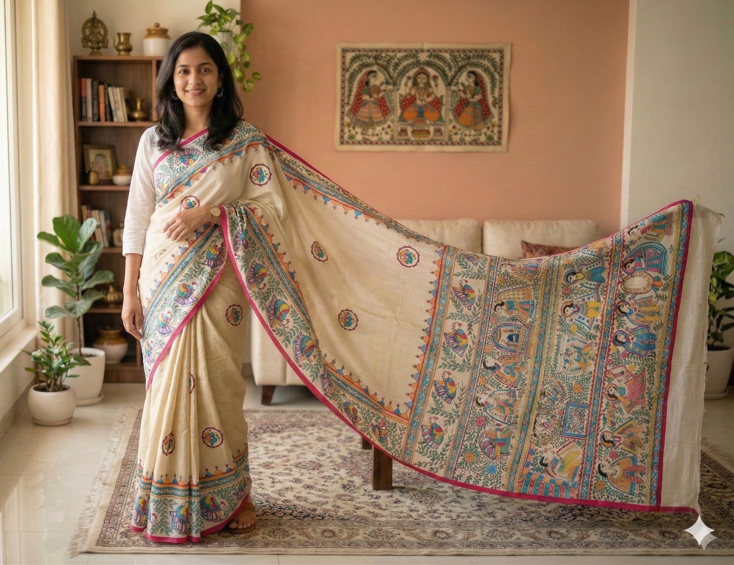 Ivory Tussar Silk Madhubani Saree | Rangika Studio
