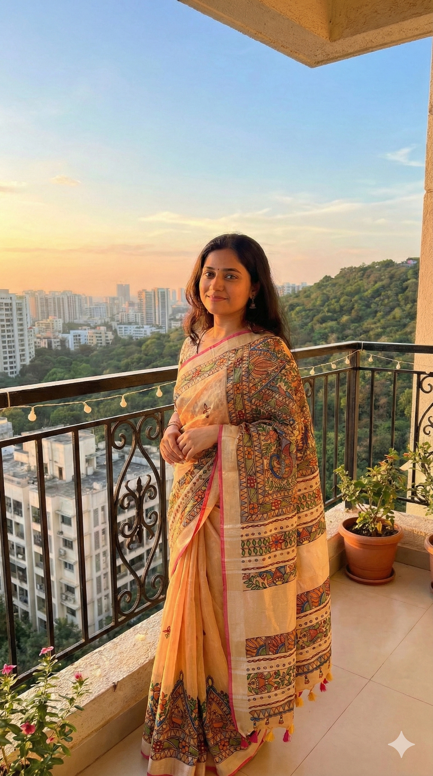 Light Orange Linen Cotton Saree with Pink Blouse - Peacock & Fish Motifs Hand Painted Madhubani Art