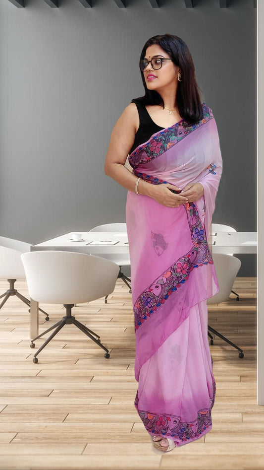 Orchid Pink Pure Chiffon Madhubani Saree with Floral Fish Border
