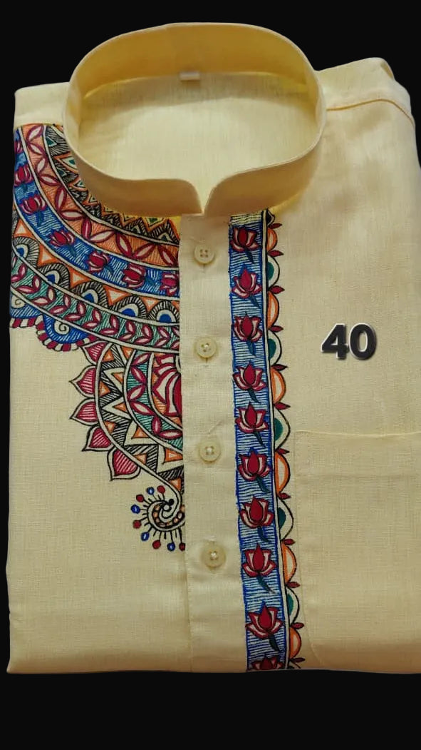 Soft Butter Yellow Line-Cotton Hand-Painted Madhubani Kurta Pyjama Set – Contemporary Border Design