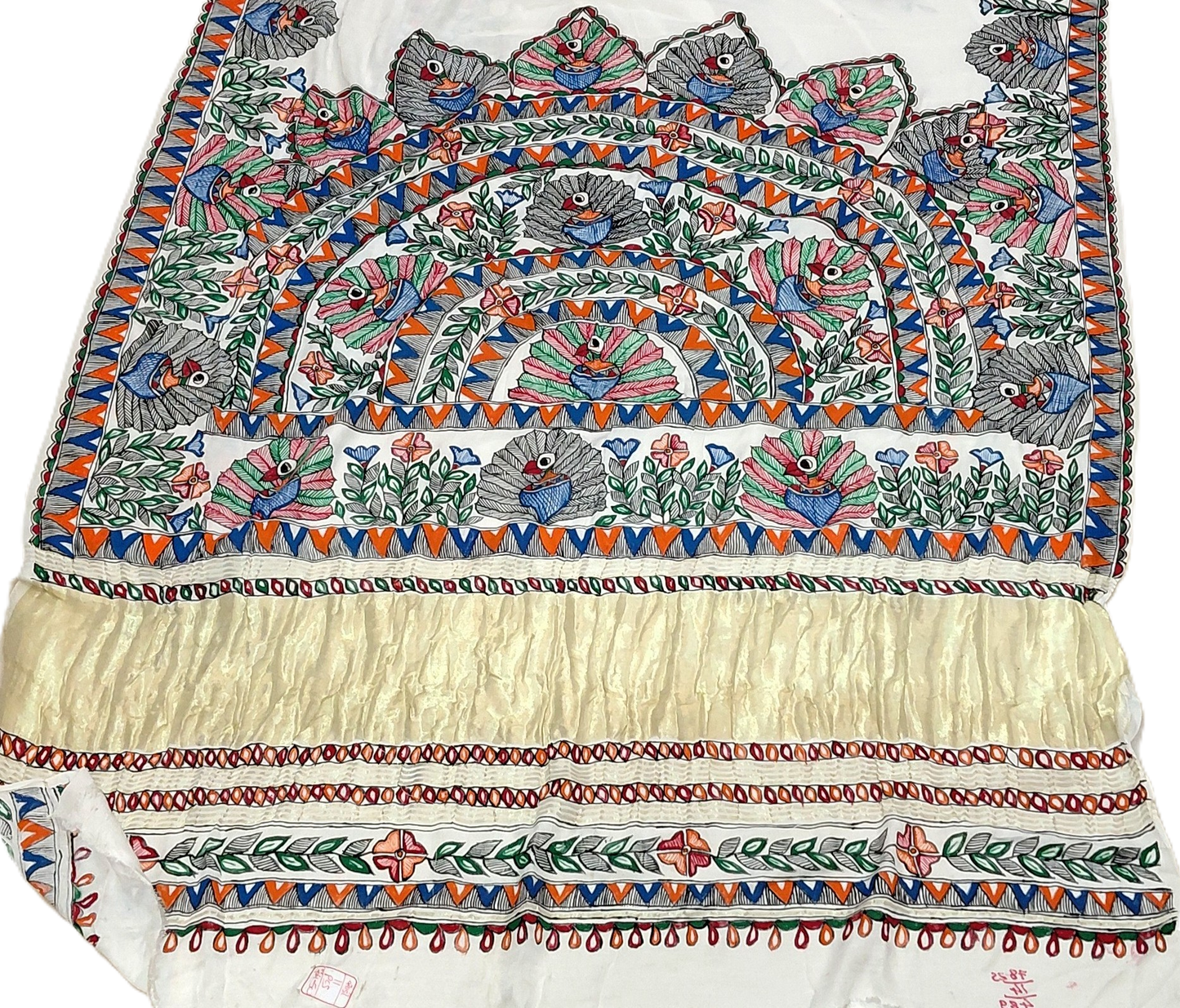 Pallu Design Madhubani paints white modal silk saree 