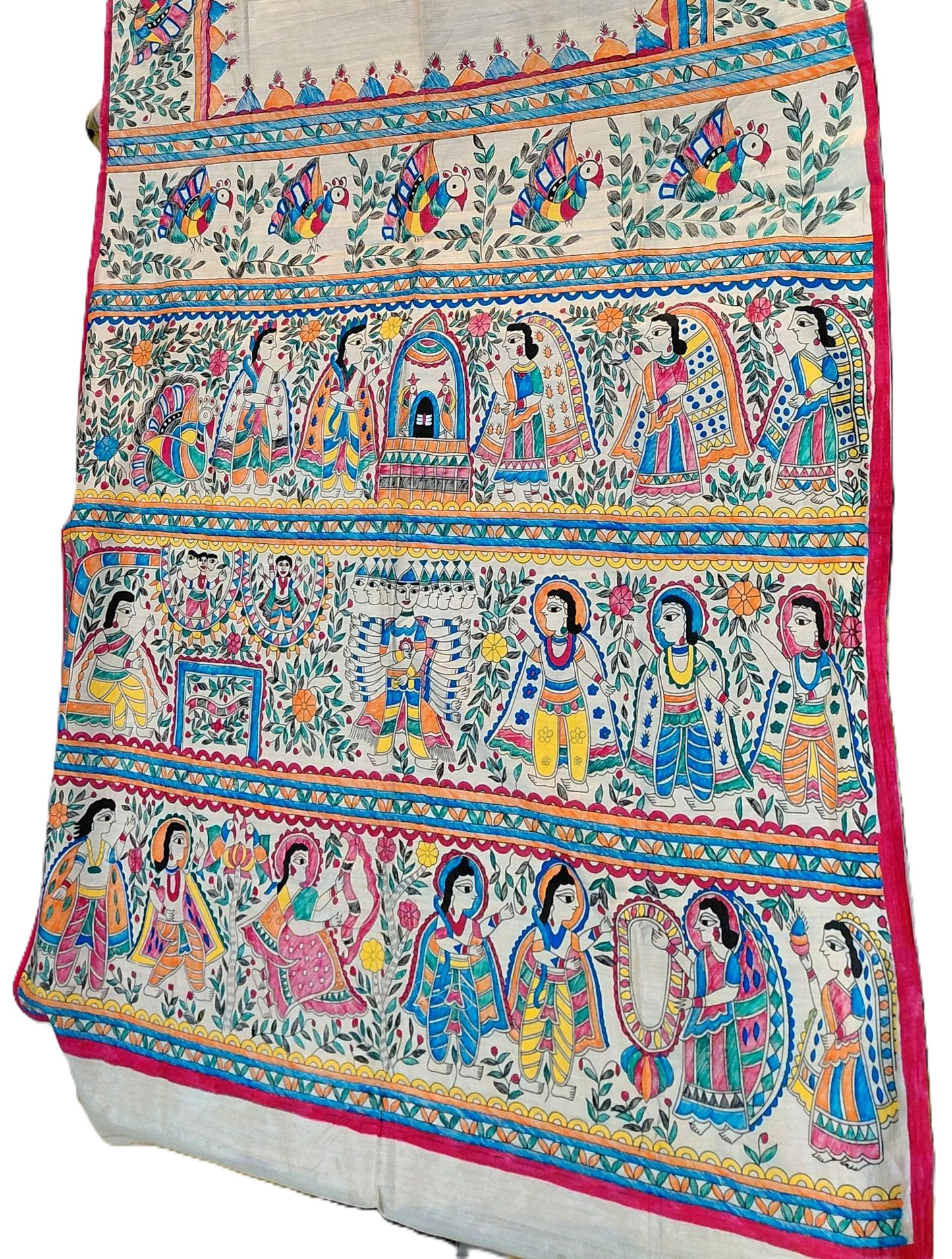 Ivory Tussar Silk Madhubani Saree | Rangika Studio
