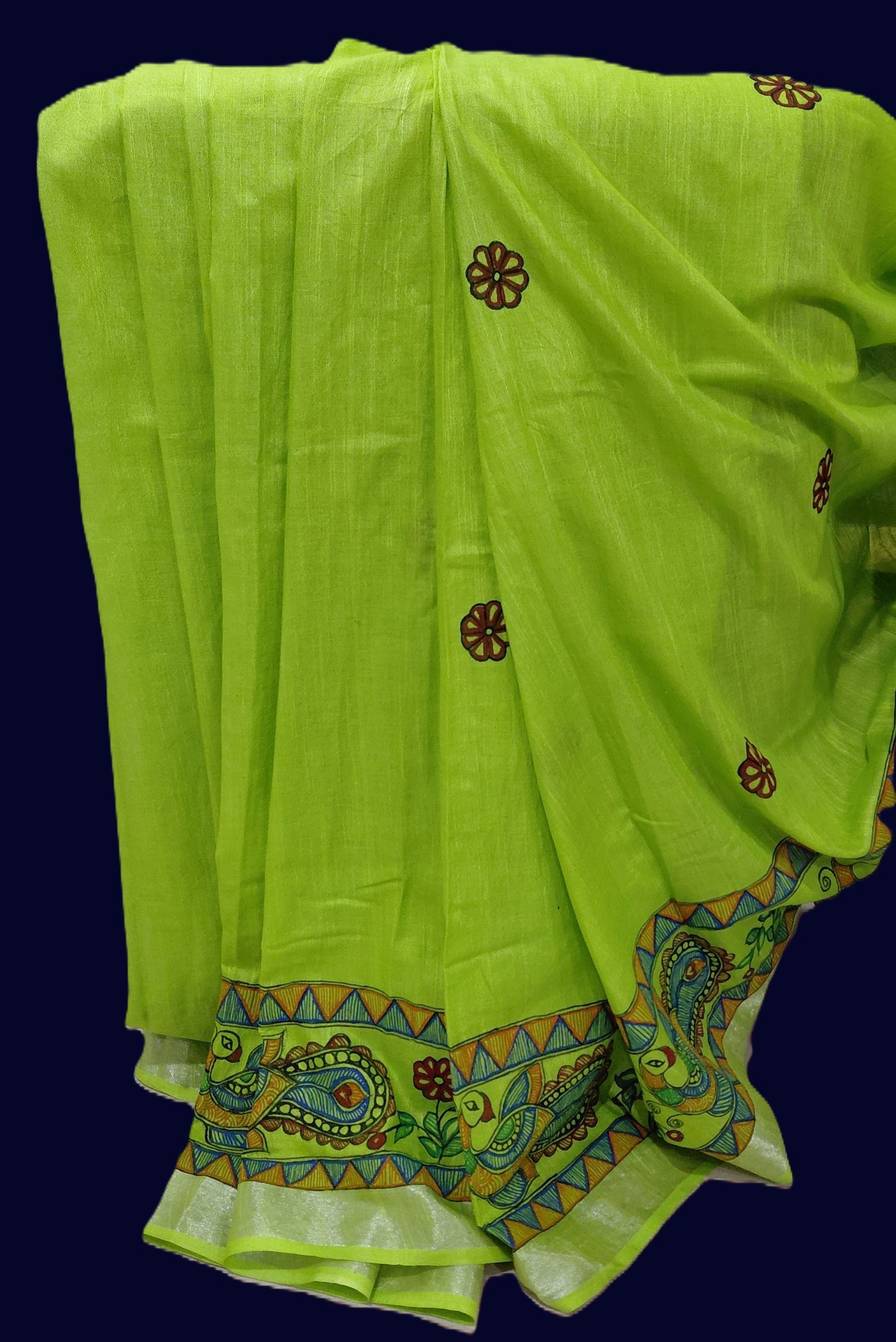 Parrot Green Linen Cotton Saree with Blouse - Peacock & Floral Motifs Hand Painted Madhubani Art