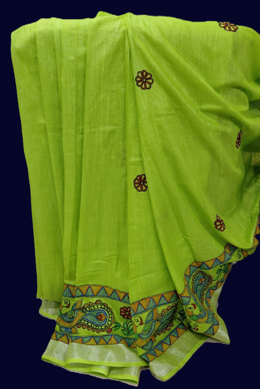 Parrot Green Linen Cotton Saree with Blouse - Peacock & Floral Motifs Hand Painted Madhubani Art
