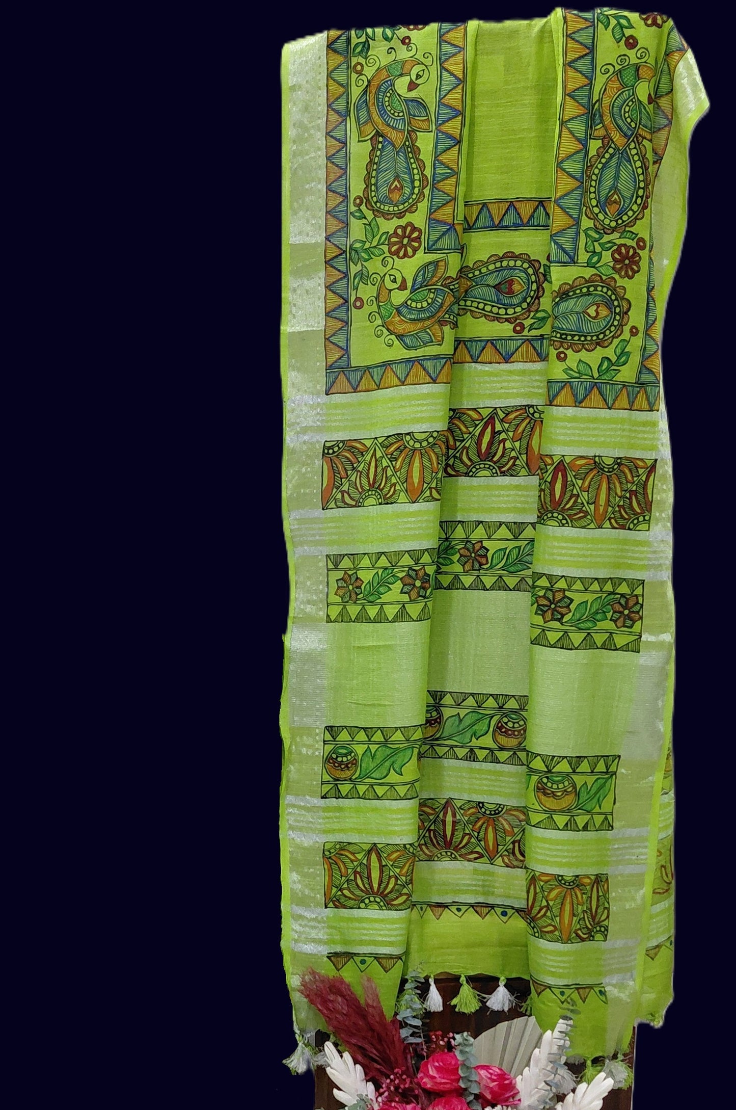 Parrot Green Linen Cotton Saree with Blouse - Peacock & Floral Motifs Hand Painted Madhubani Art