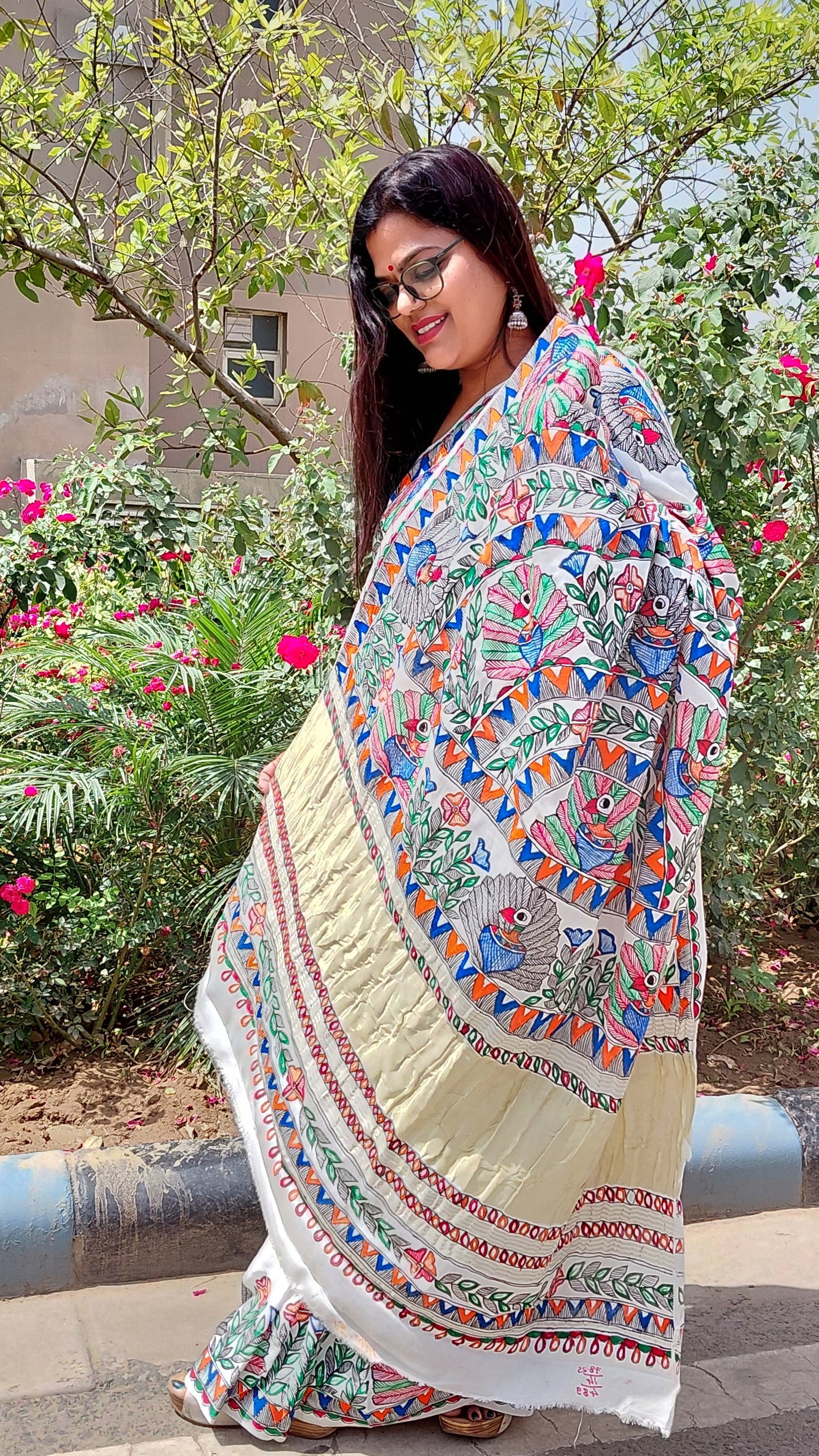 Pearl White modal silk hand painted madhubani saree