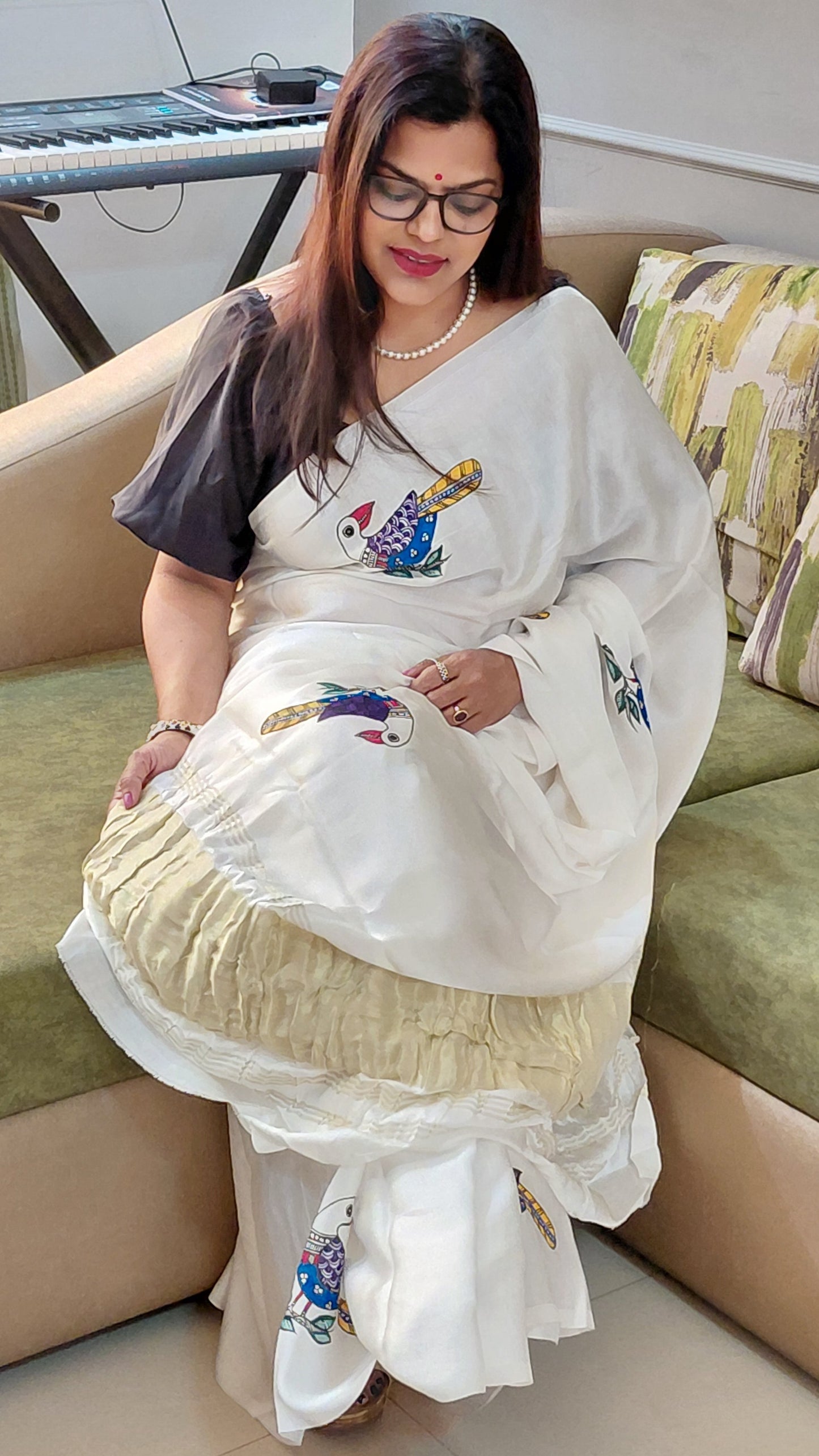 Pearl white modal silk Madhubani saree with bird motifs