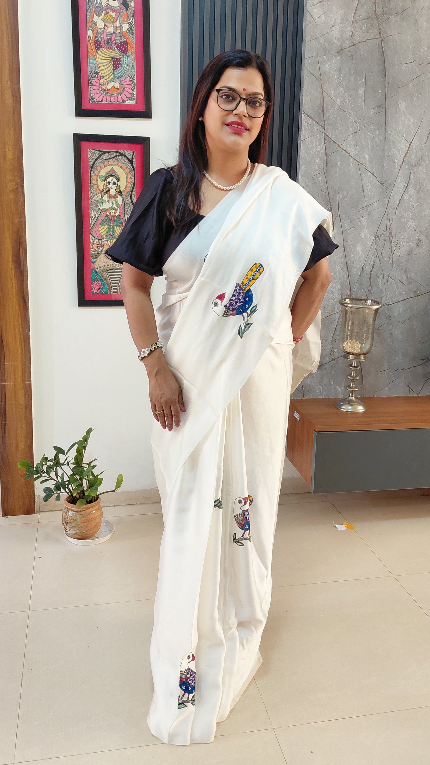 Pearl White Modal Silk Madhubani Saree with Baigani Blouse | Rangika Studio