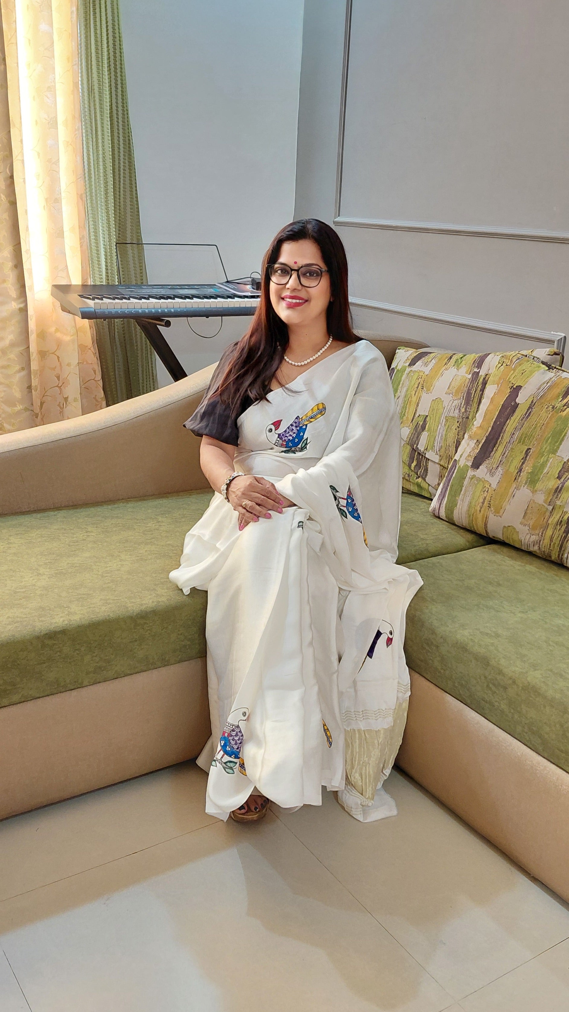 Minimal Mithila bird motif saree elegant drape