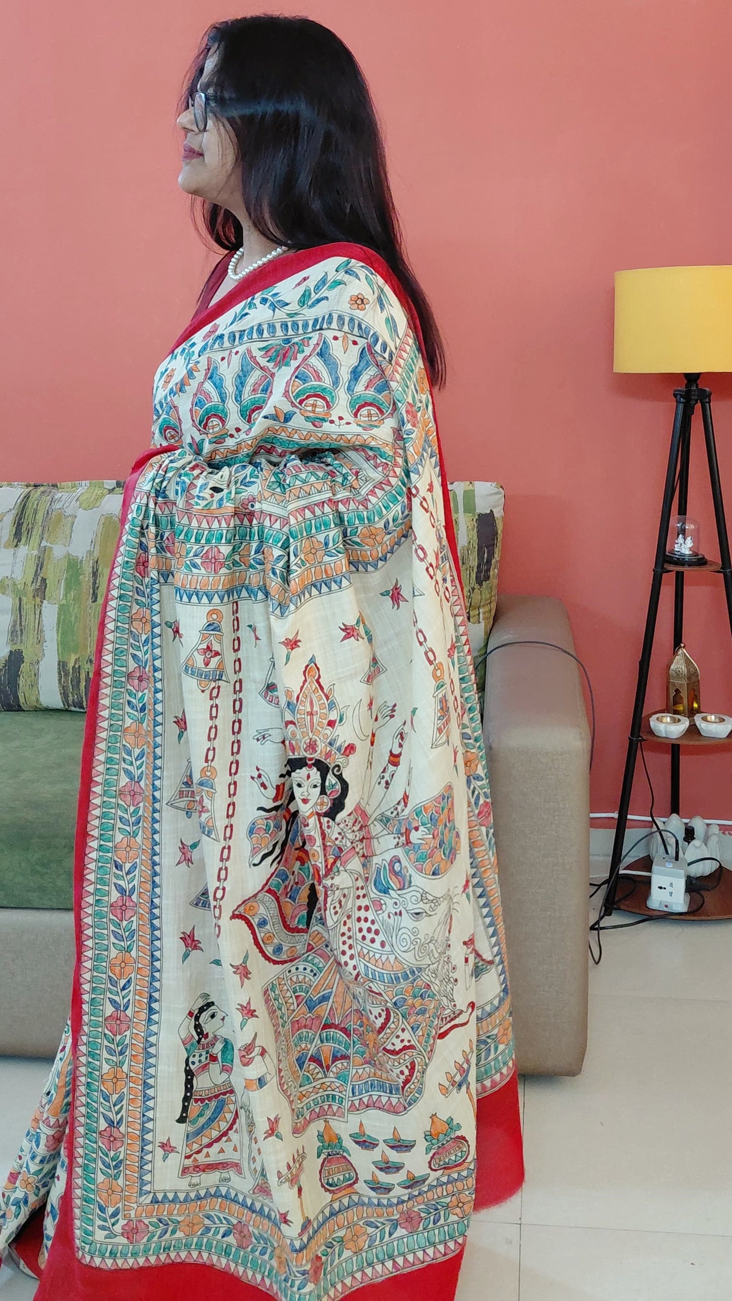 Durga Mahotsav Madhubani Hand-Painted Premium Cotton Saree – Red & Beige
