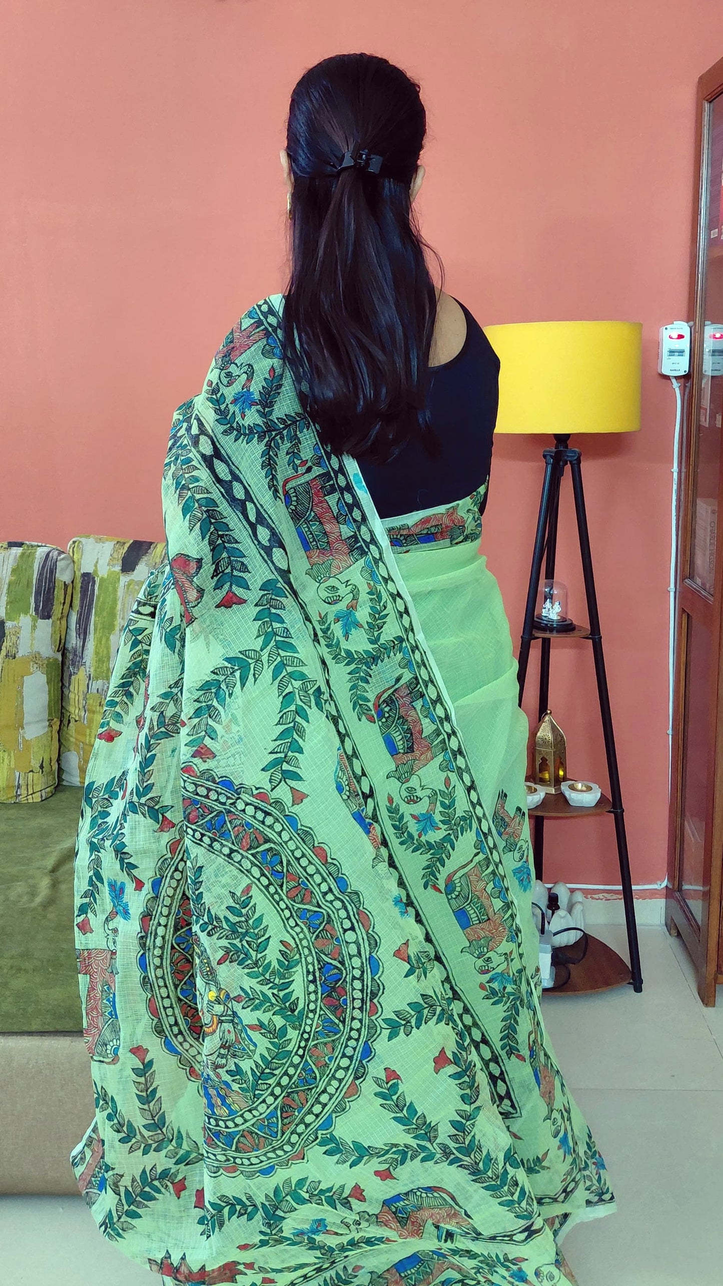 Maa Parvati & Bal Ganesh Madhubani Kota Doria Saree – Pastel Green