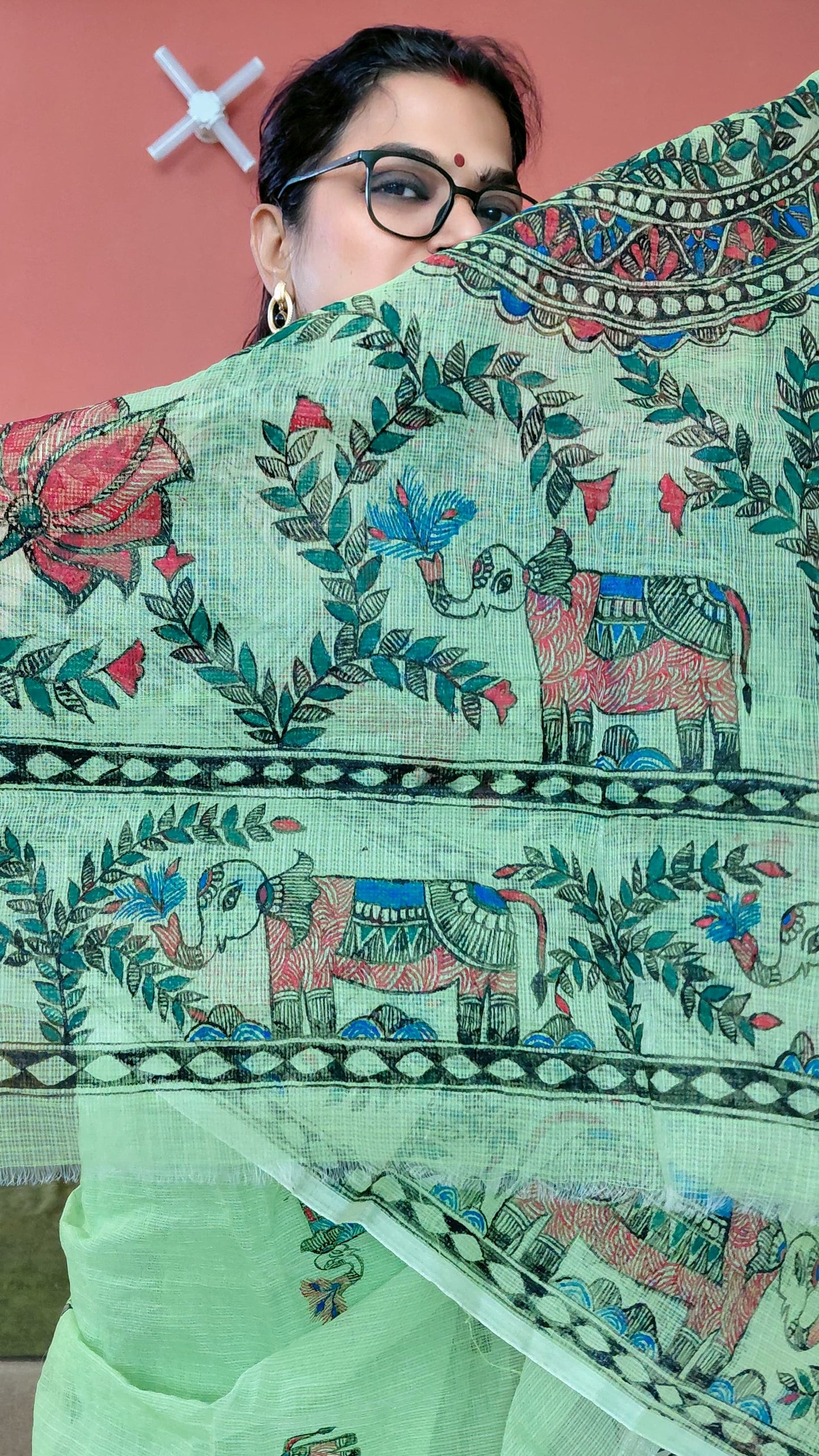 Maa Parvati & Bal Ganesh Madhubani Kota Doria Saree – Pastel Green