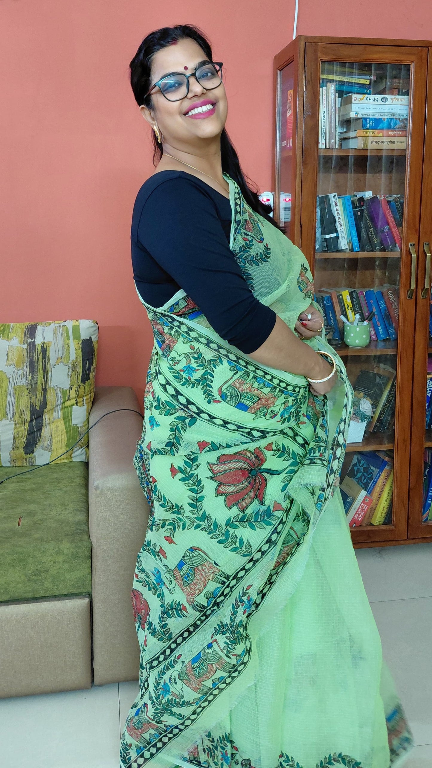 Maa Parvati & Bal Ganesh Madhubani Kota Doria Saree – Pastel Green