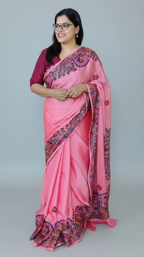 pink madhubani hand painted saree royal crepe full view