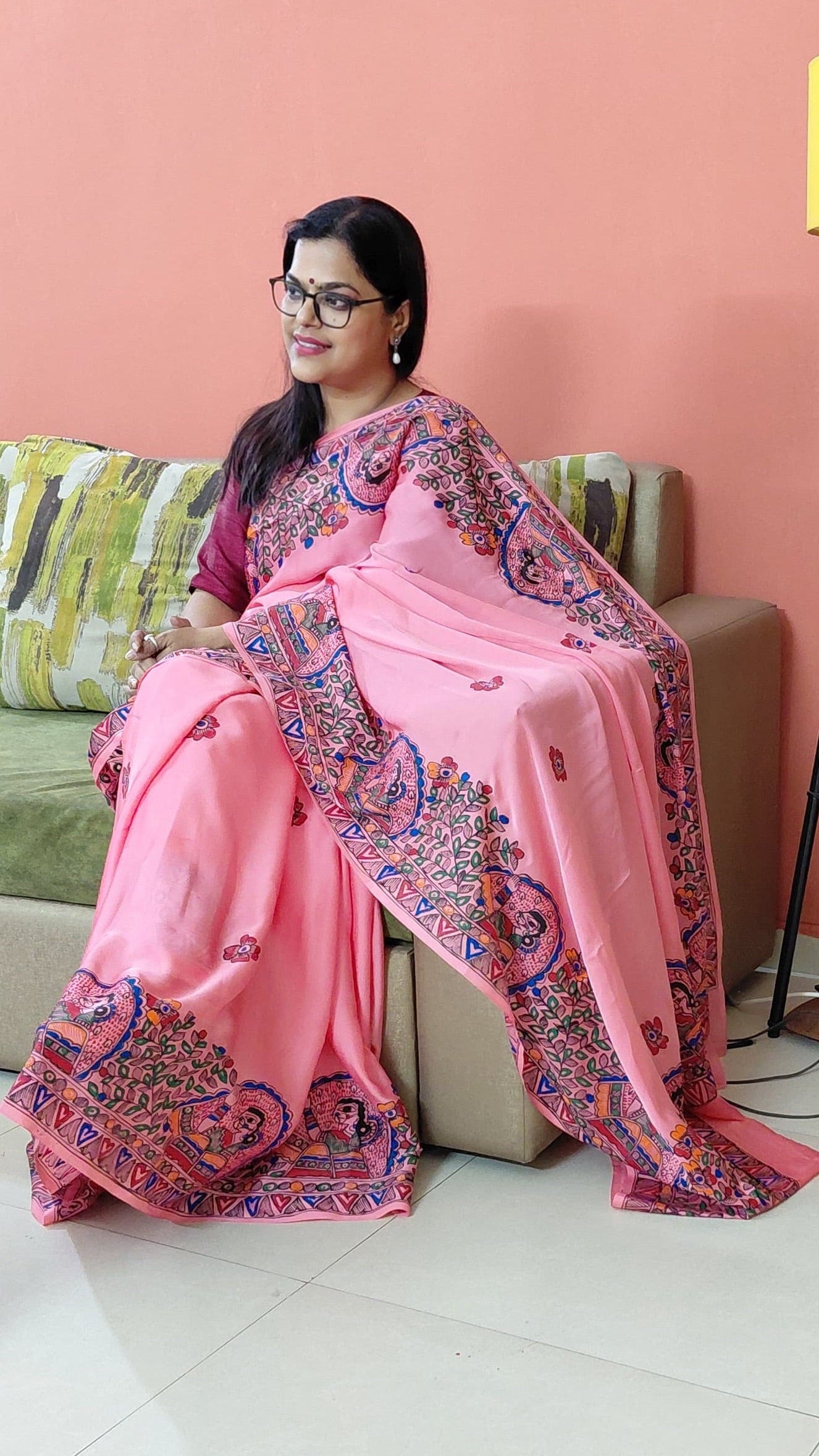 pink madhubani hand painted saree royal crepe full view