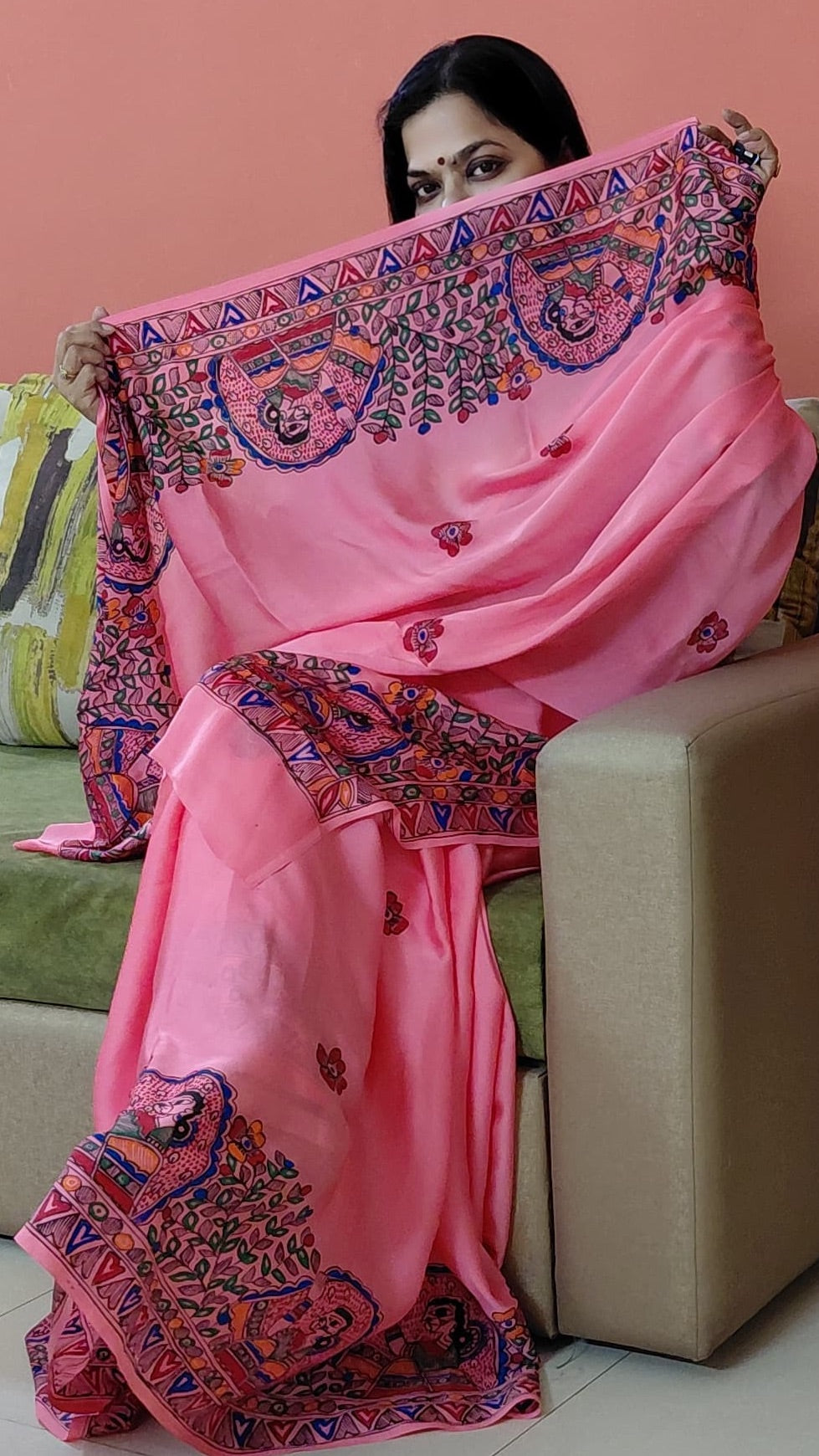 gulabi blush madhubani saree floral border detail