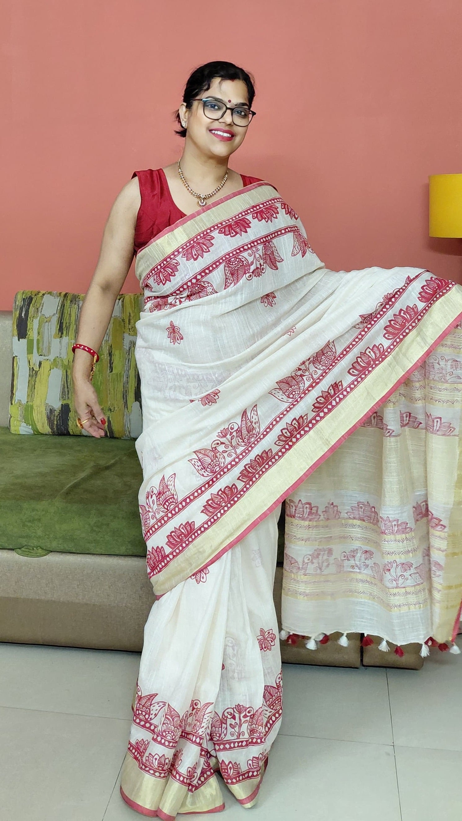 Premium festive linen saree with red blouse