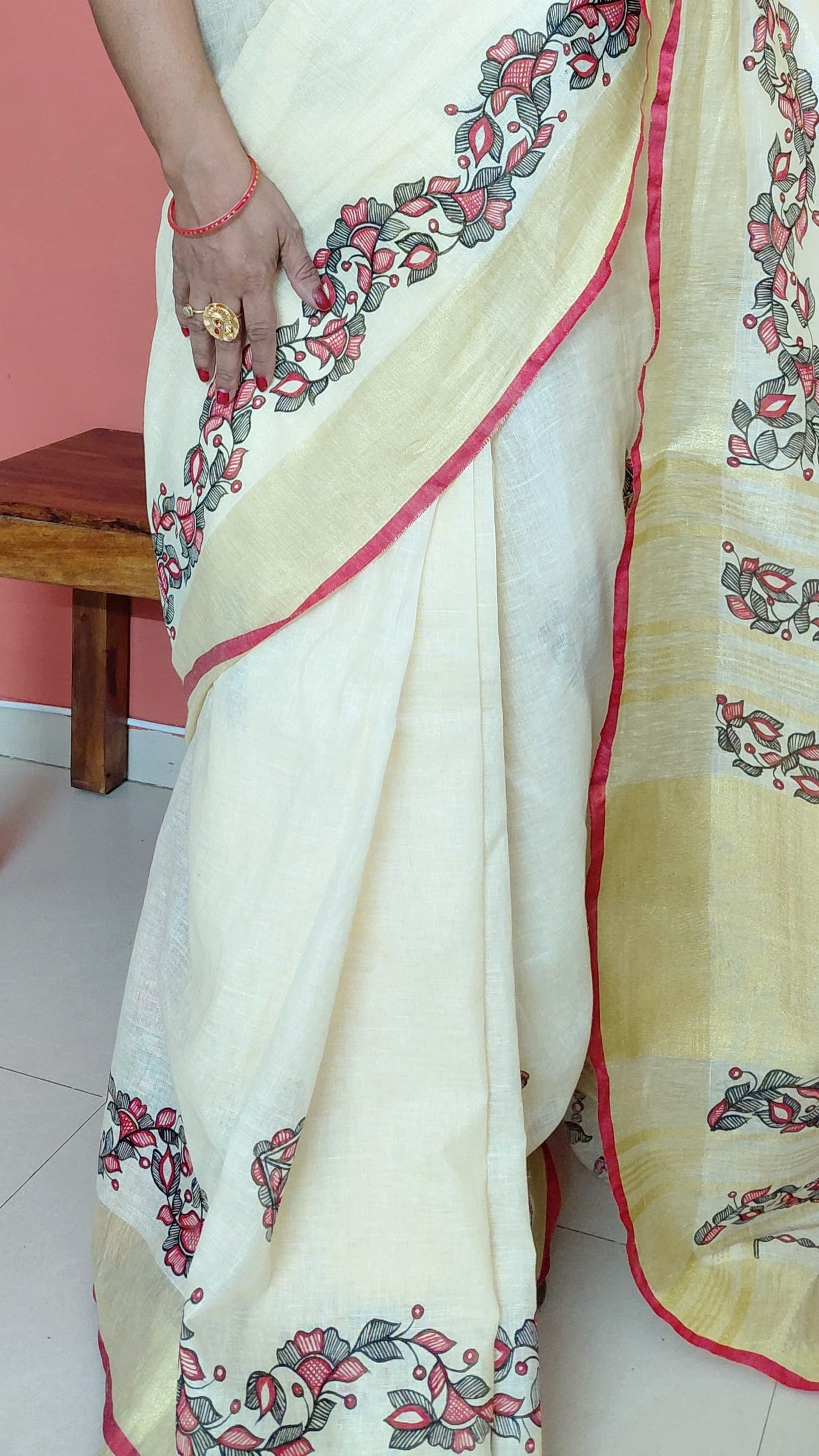 Premium linen saree with floral vine artwork