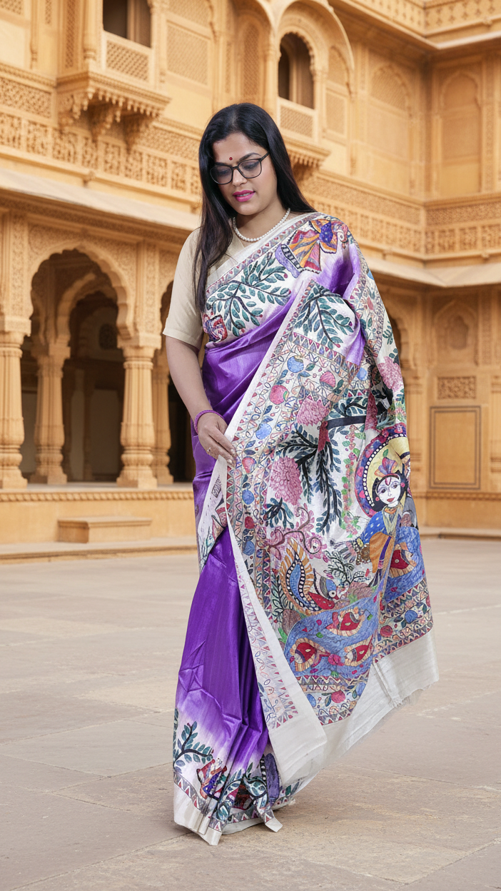 Radha Krishna Jhoola Madhubani pure tussar silk saree purple