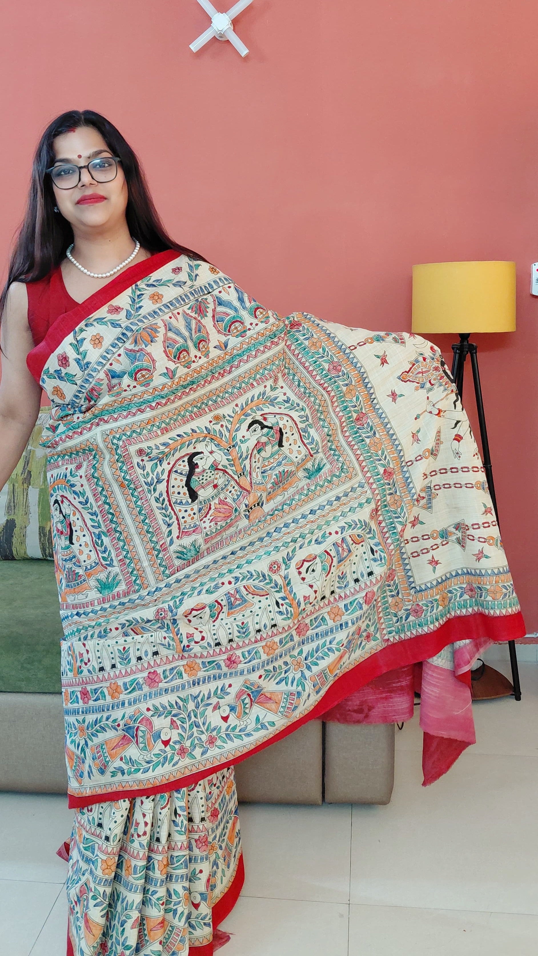 Red and beige Madhubani cotton saree with extended border