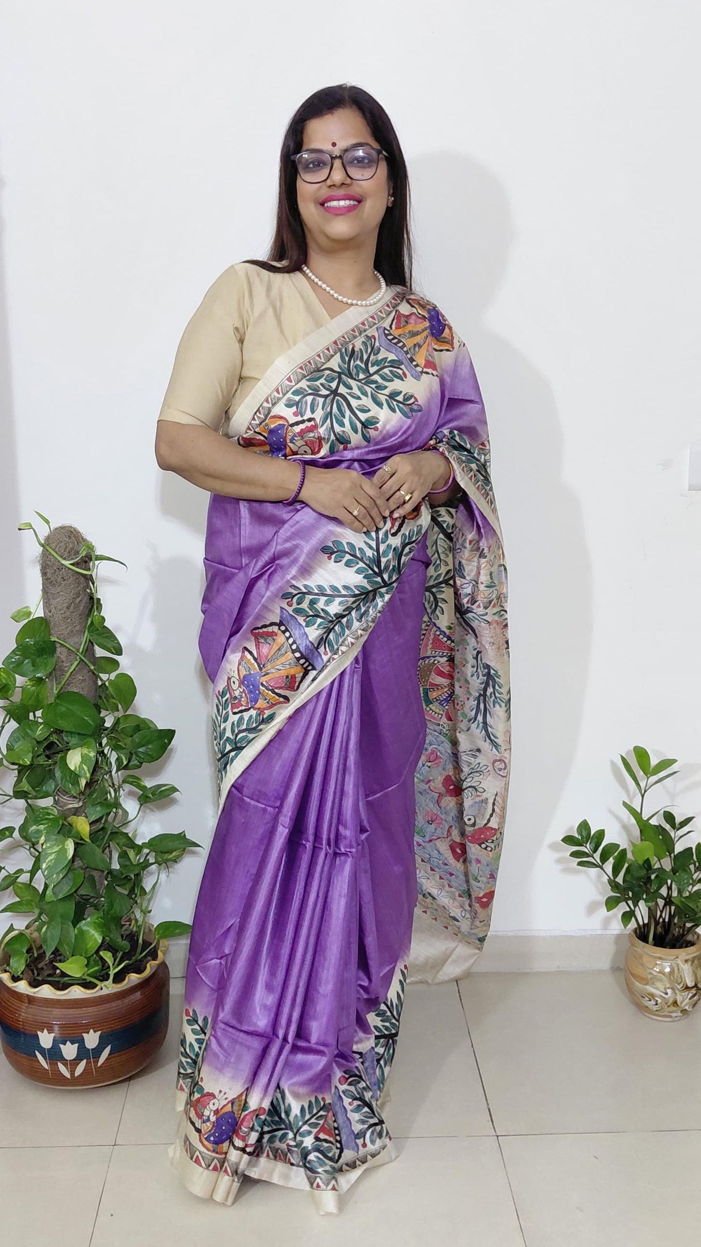 Royal purple tussar silk saree with Mithila painting