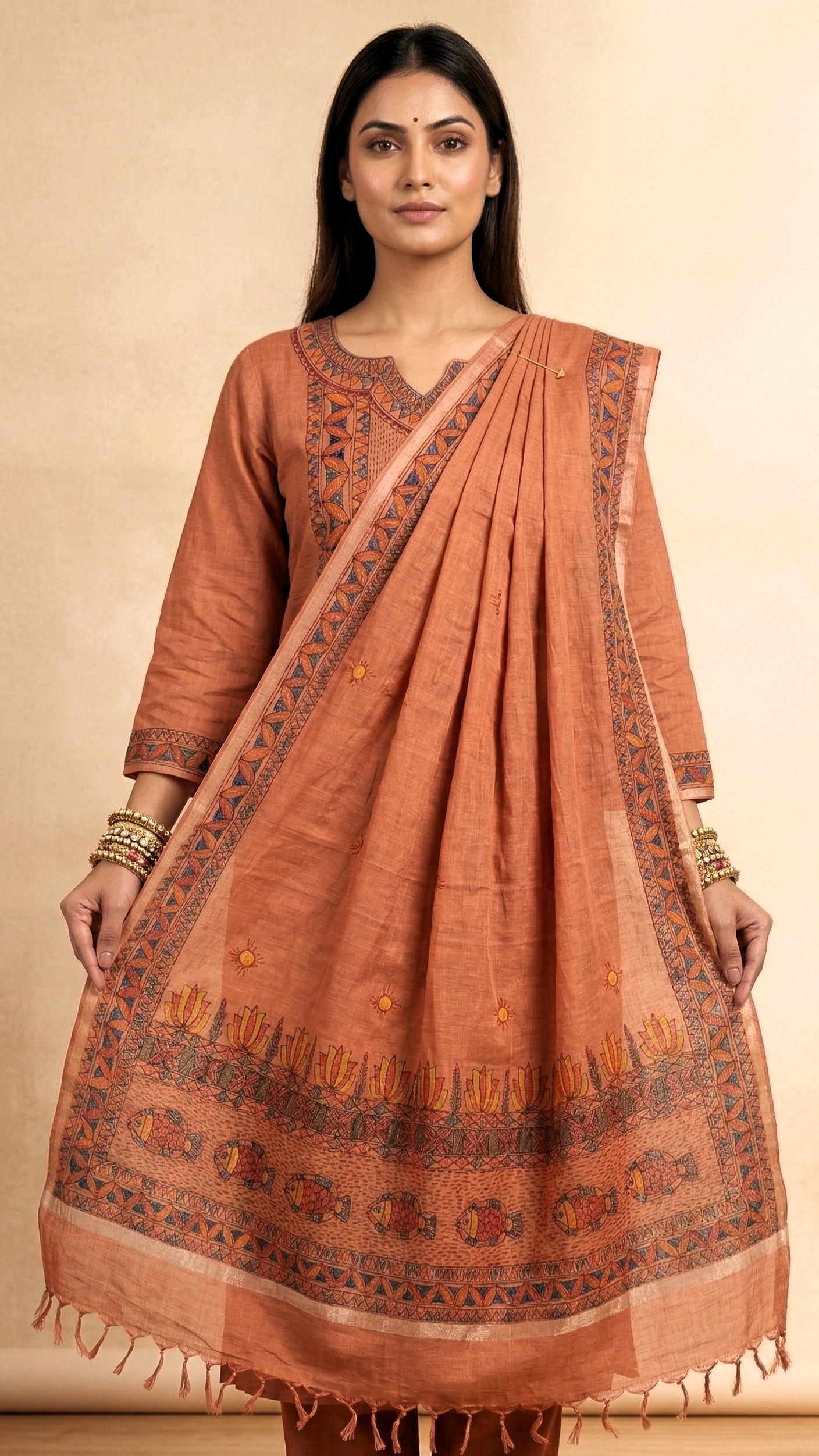 Hand-painted Madhubani cotton slub suit set in rust with fish motif worn by model front view