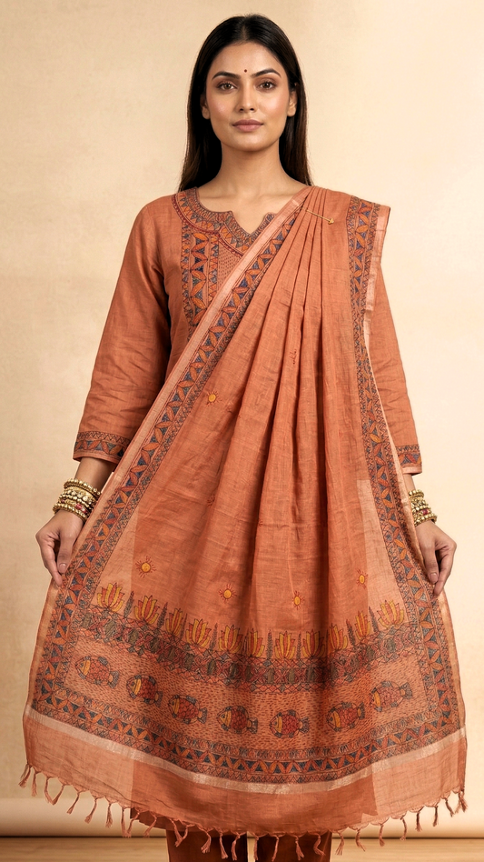 Hand-painted Madhubani cotton slub suit set in rust with fish motif worn by model front view
