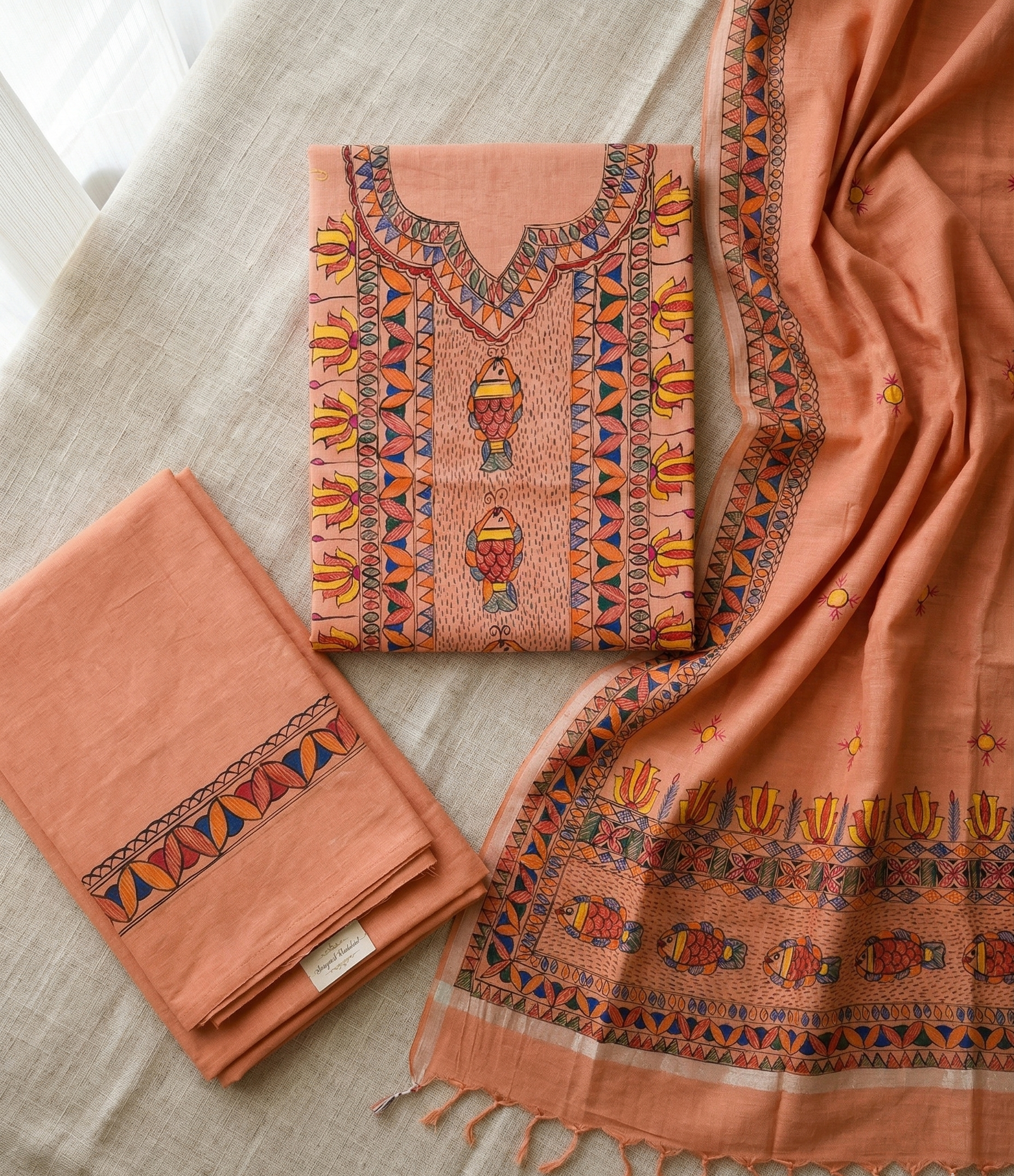 Rust Madhubani cotton slub suit set flat lay showing kurta panel dupatta and bottom fabric