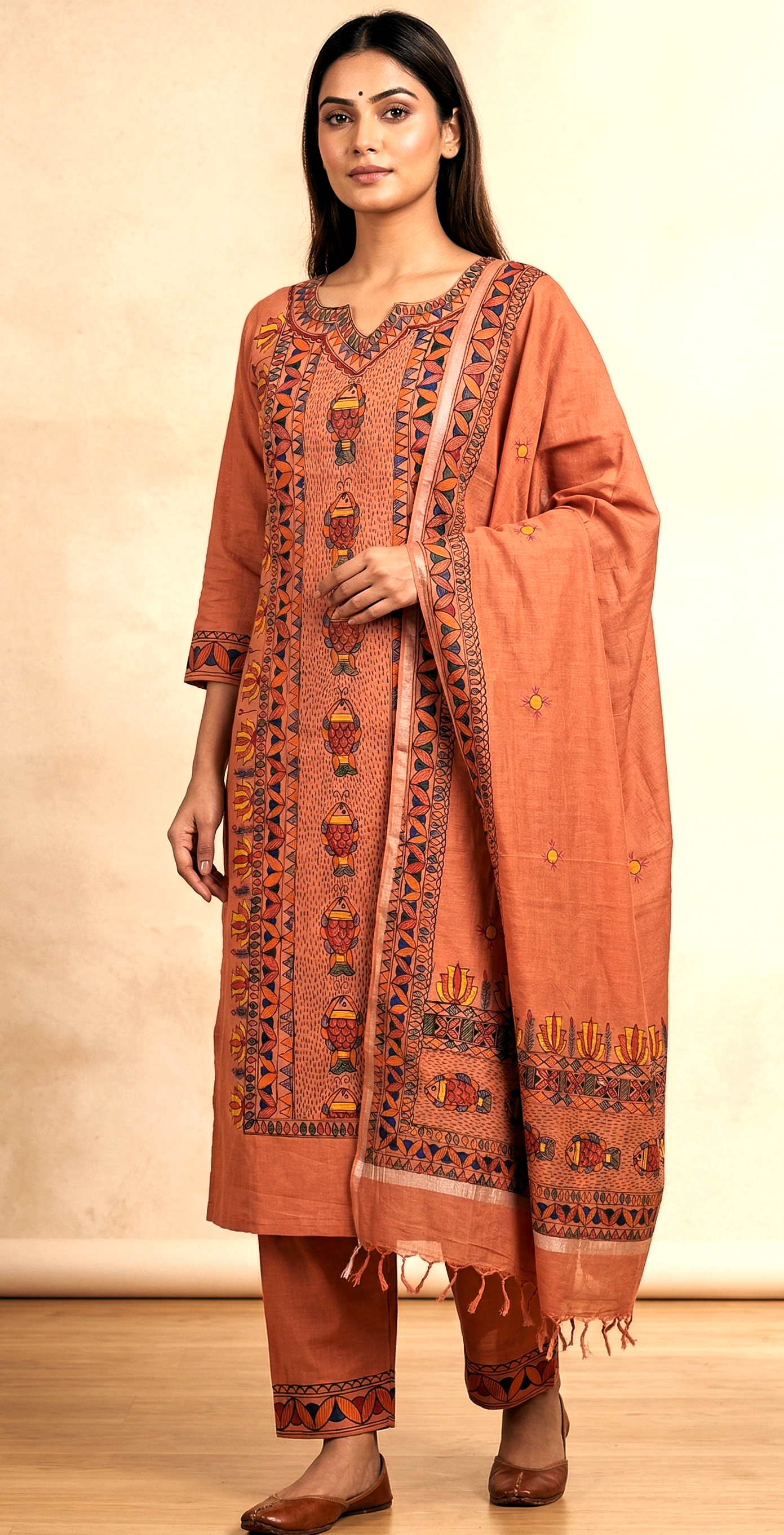 Rust hand-painted Madhubani cotton suit set worn by model angled view with dupatta