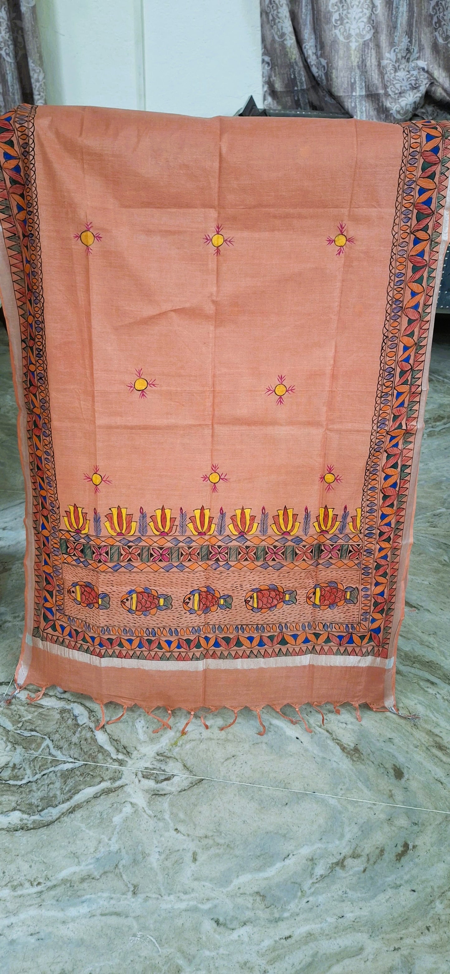 Madhubani hand-painted dupatta in rust with fish and floral border motifs