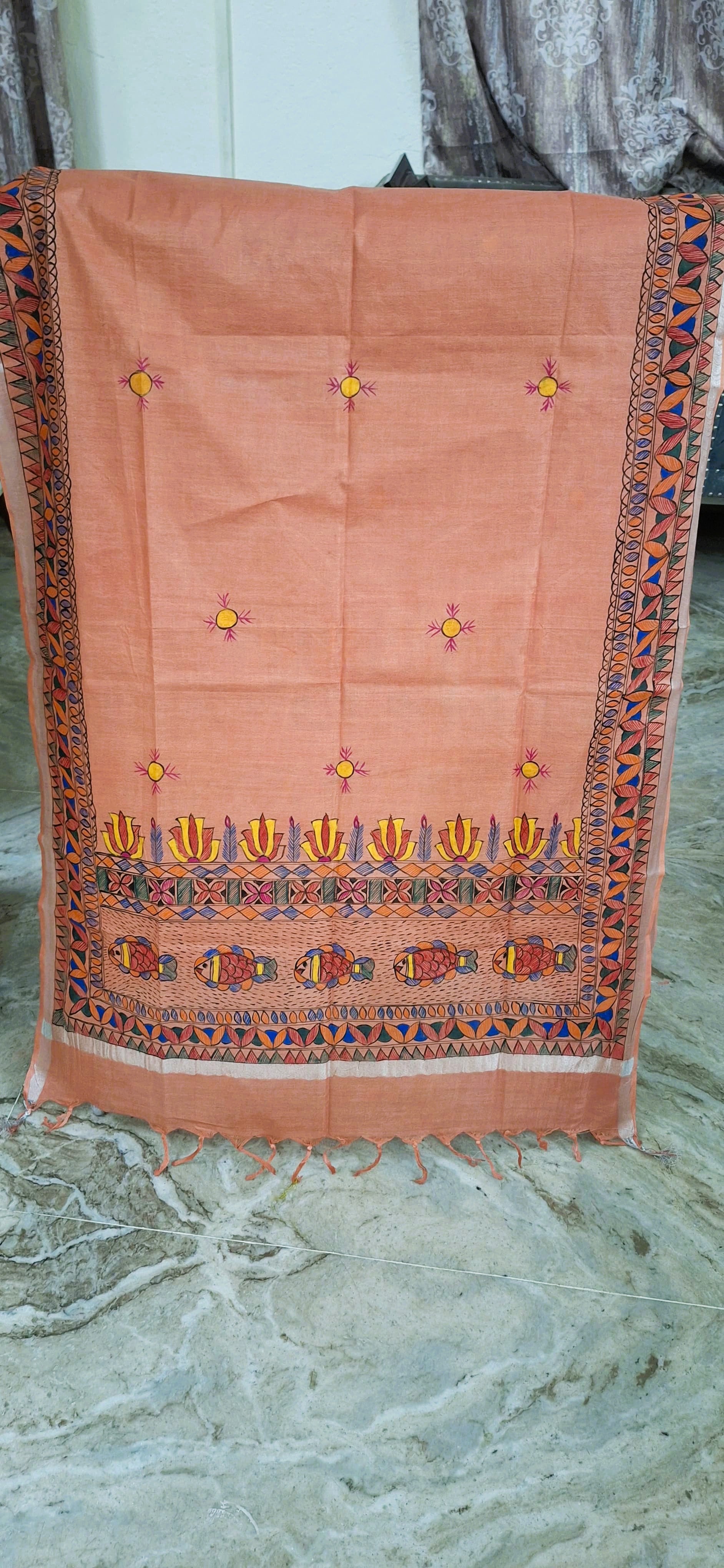 Madhubani hand-painted dupatta in rust with fish and floral border motifs