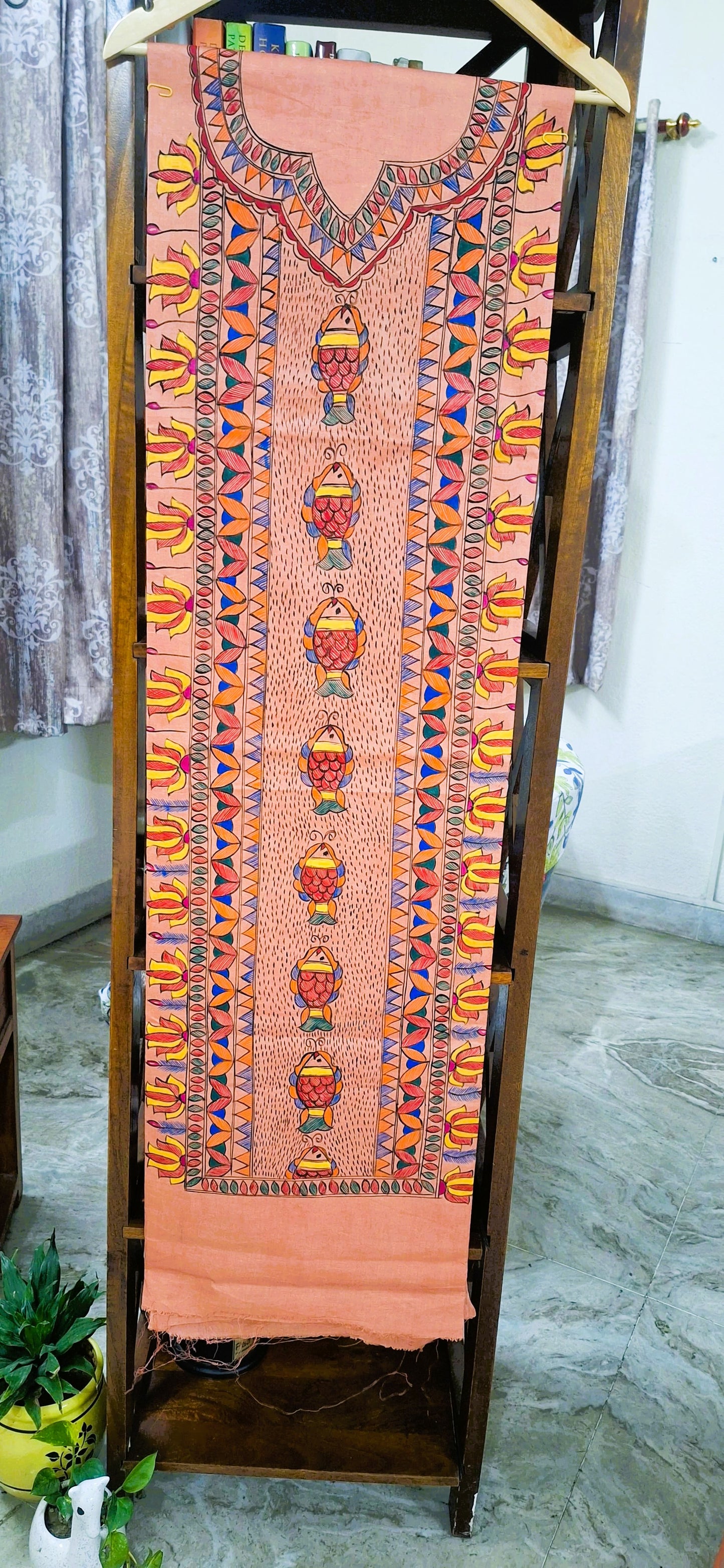 Unstitched kurta fabric with vertical fish motif panel in rust Madhubani cotton slub