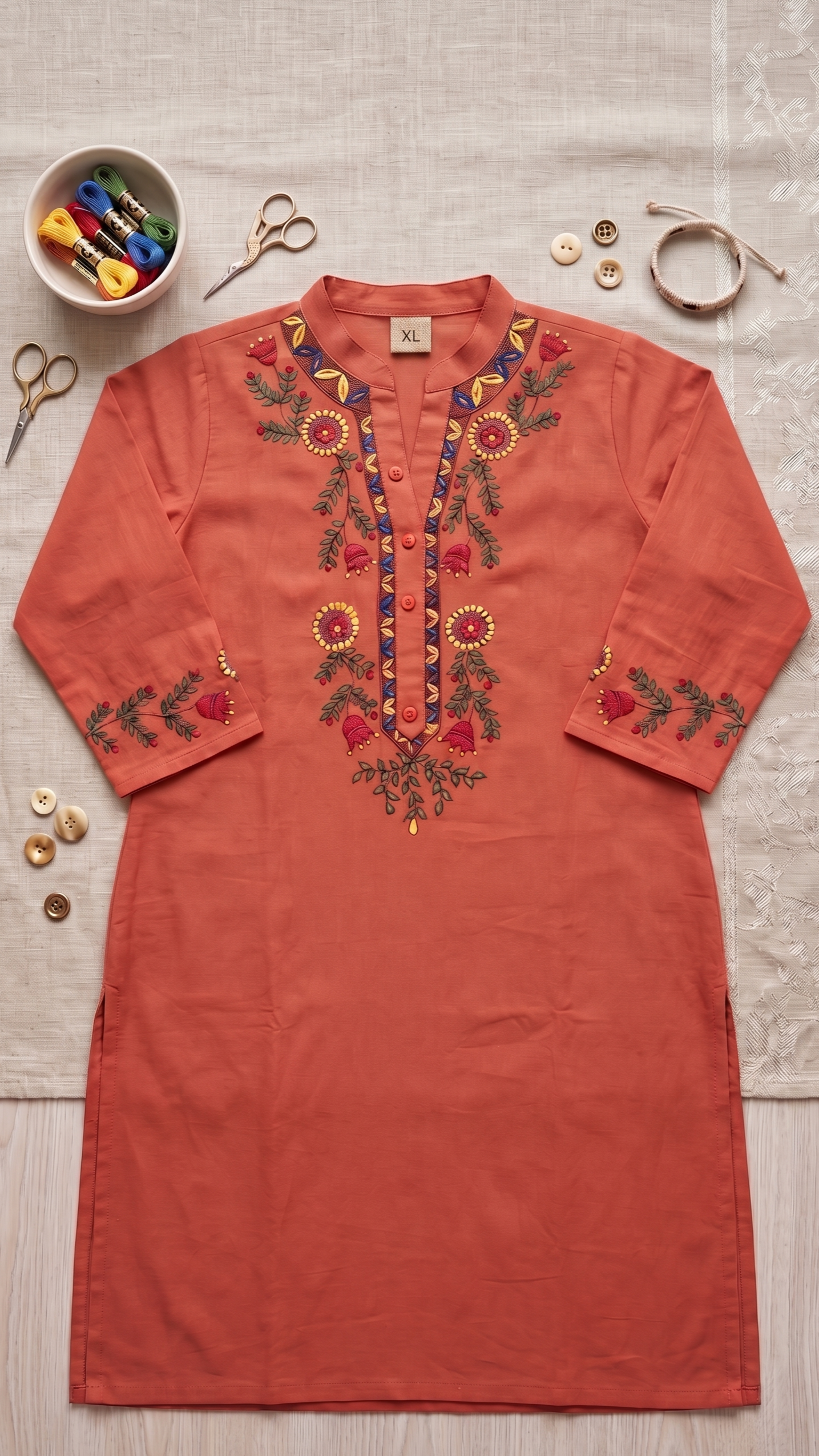 Terracotta Rose Hand-Painted Madhubani Cotton Kurta | Rangika Studio