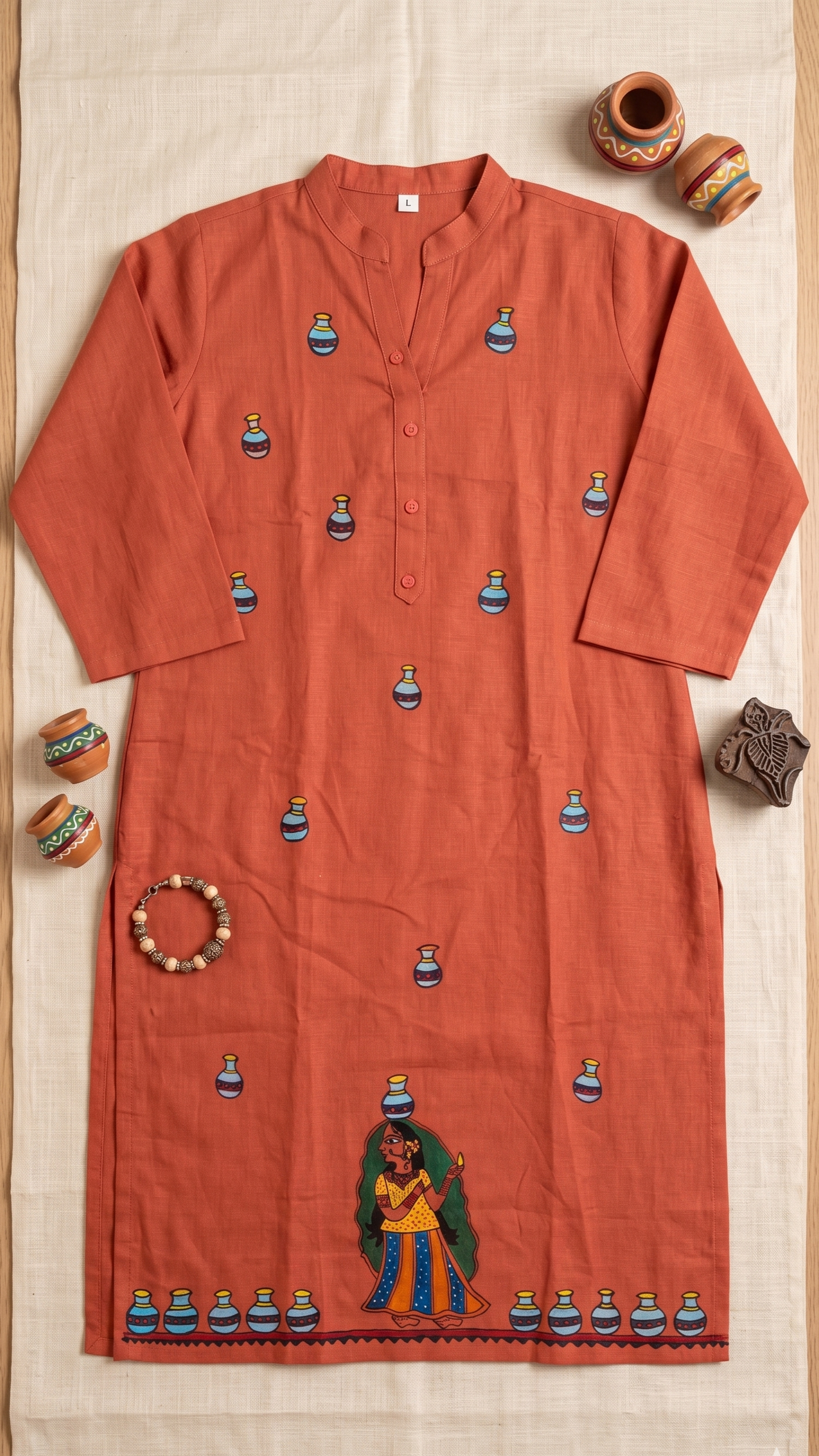 Terracotta Rose Hand-Painted Madhubani Cotton Kurta | Rangika Studio