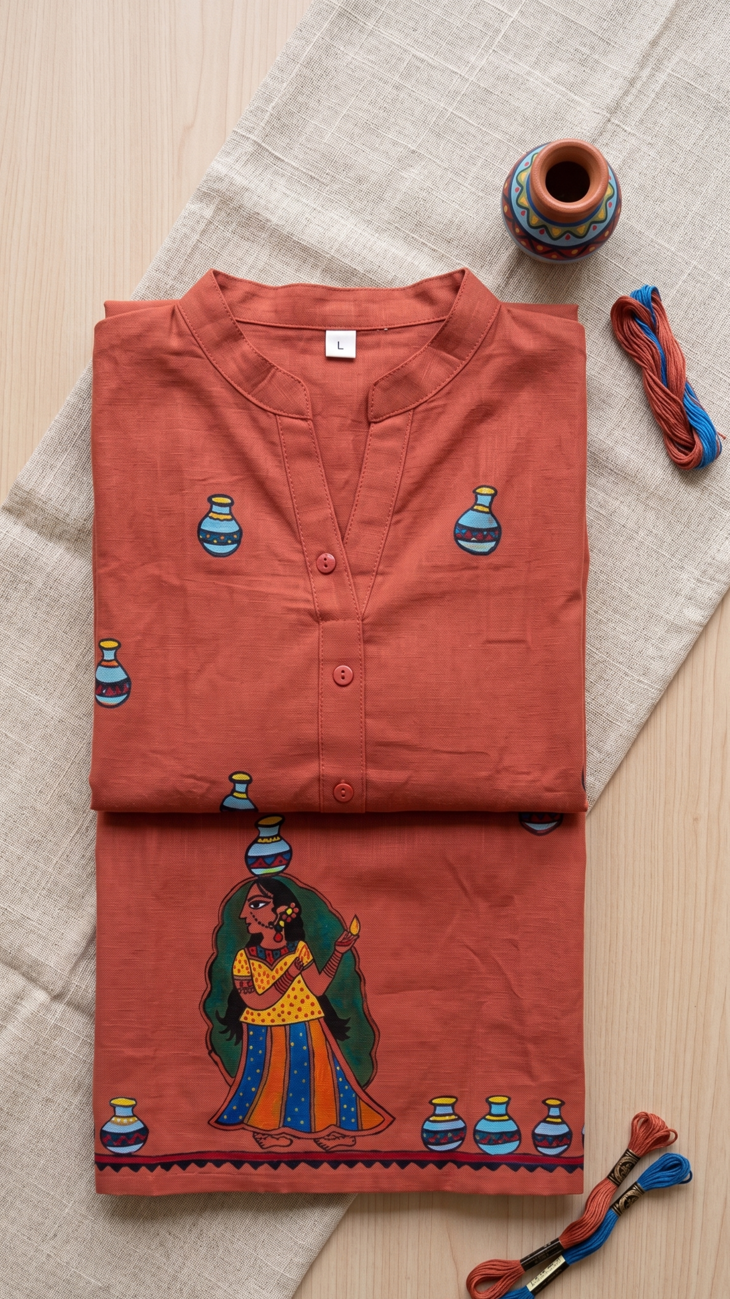 Terracotta Rose Hand-Painted Madhubani Cotton Kurta | Rangika Studio