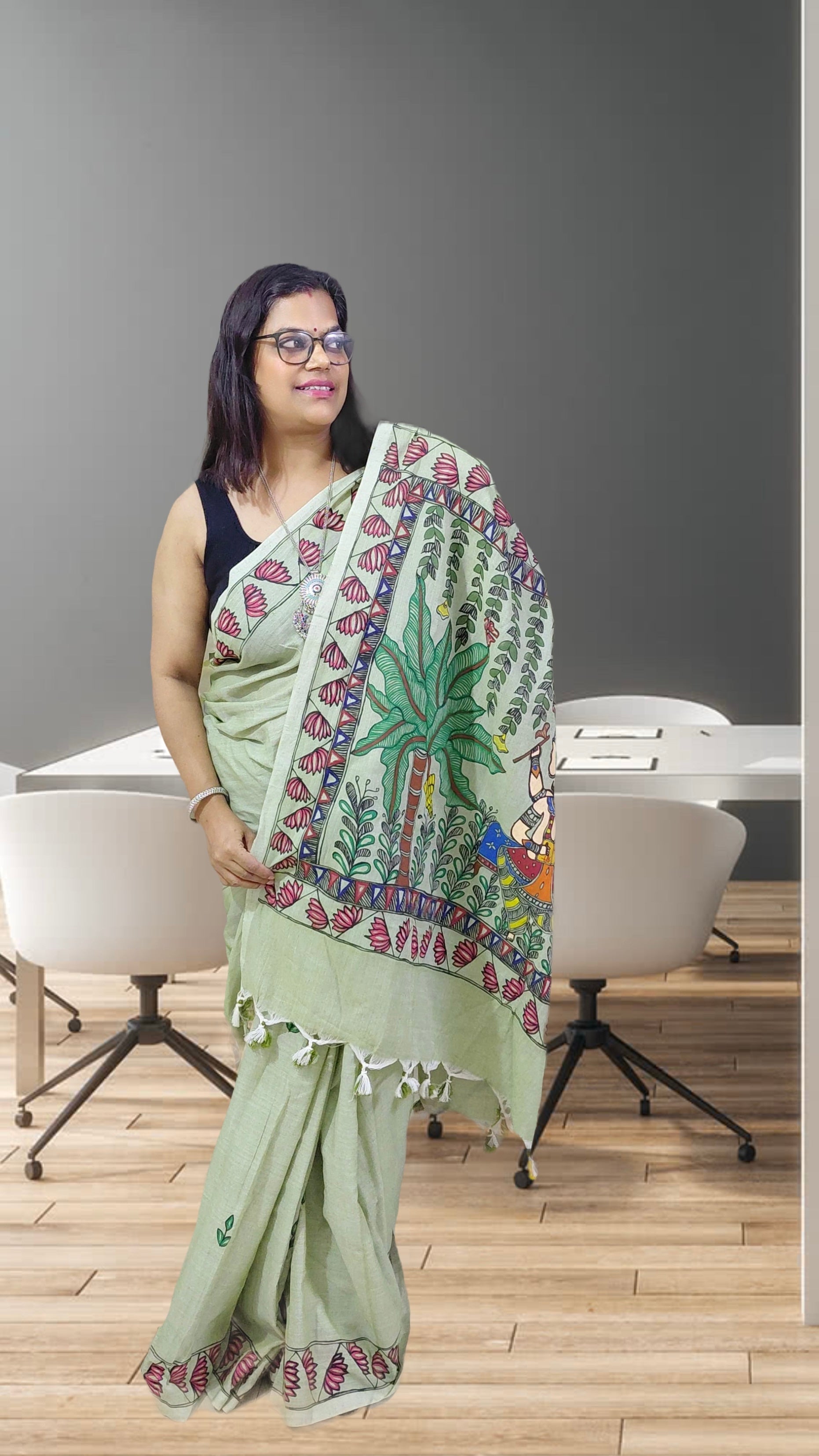 Sage Green Khadi Cotton Lord Ganesha Madhubani hand-painted saree