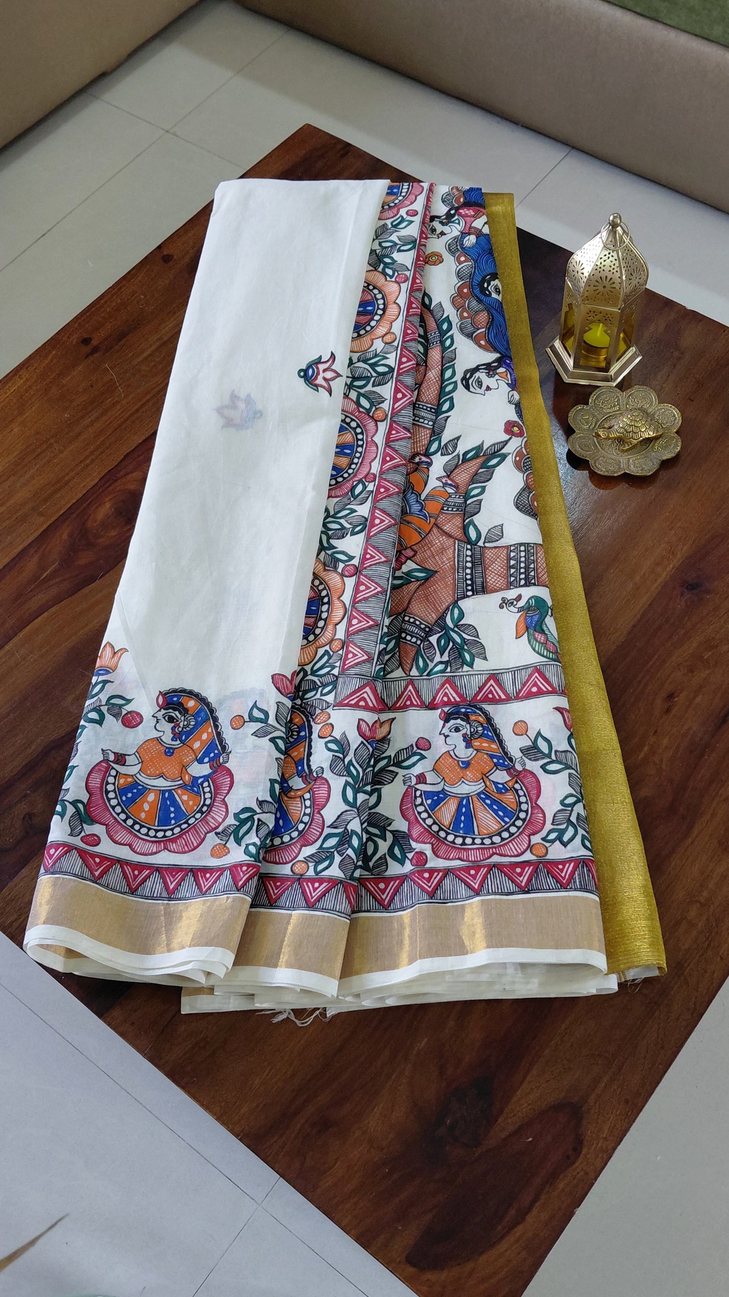 Beige Kasavu Madhubani Saree | Rangika Studio