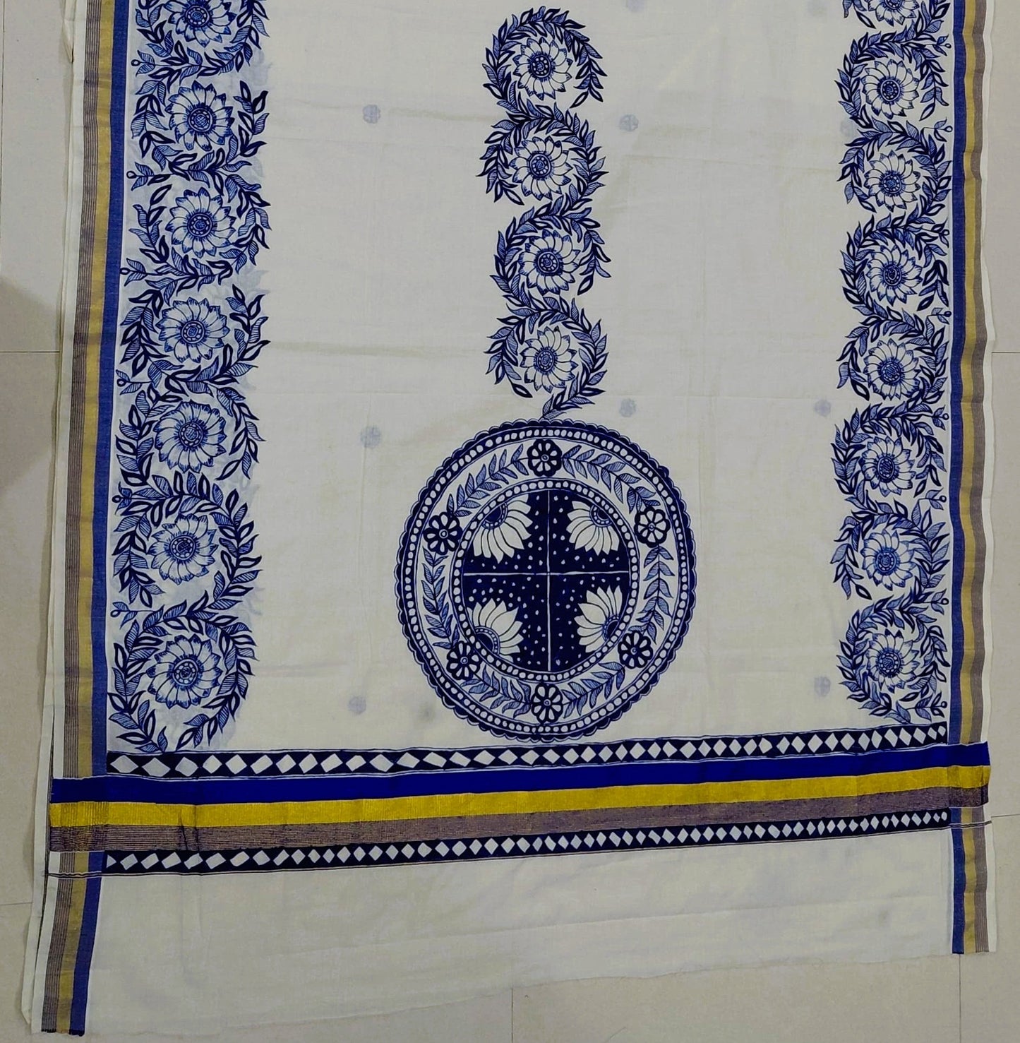 Ivory Kerala Cotton (Kasavu) Madhubani Saree | Rangika Studio