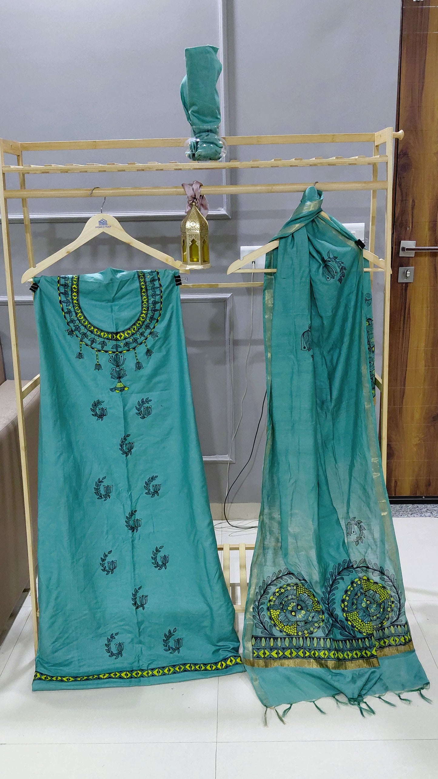 Sea Green Katan Cotton Madhubani Hand-Painted Suit Set (3 Pc Unstitched)