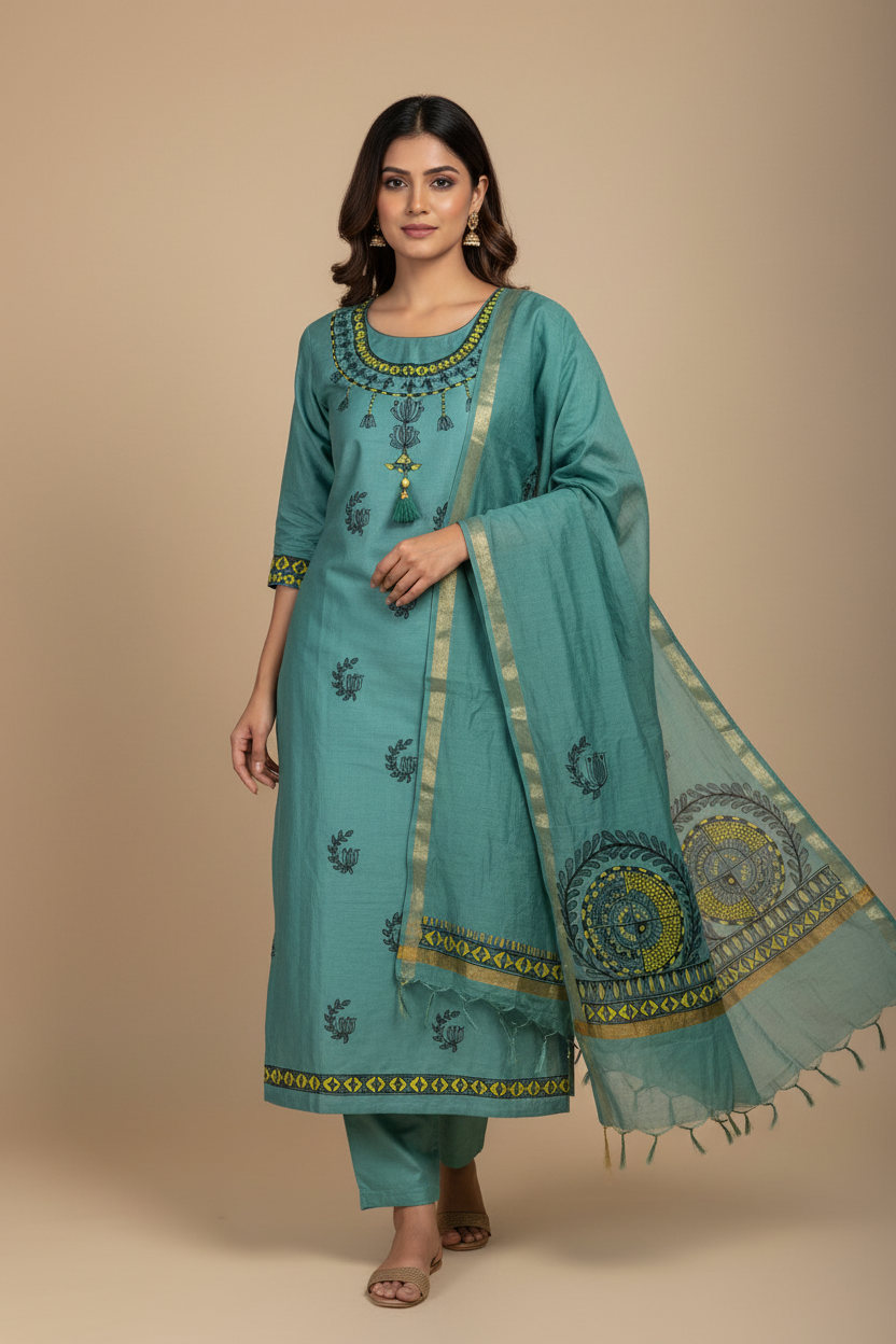 Sea Green Katan Cotton Madhubani Hand-Painted Suit Set (3 Pc Unstitched)