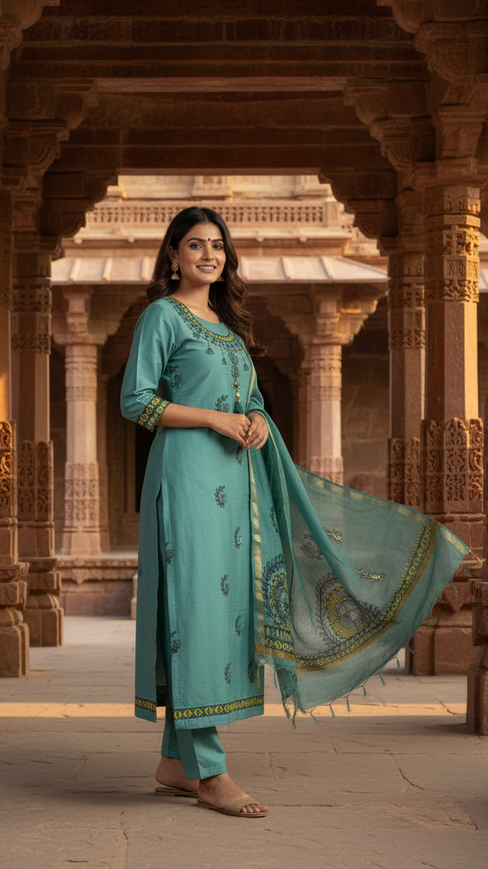 Sea Green Katan Cotton Madhubani Hand-Painted Suit Set (3 Pc Unstitched)
