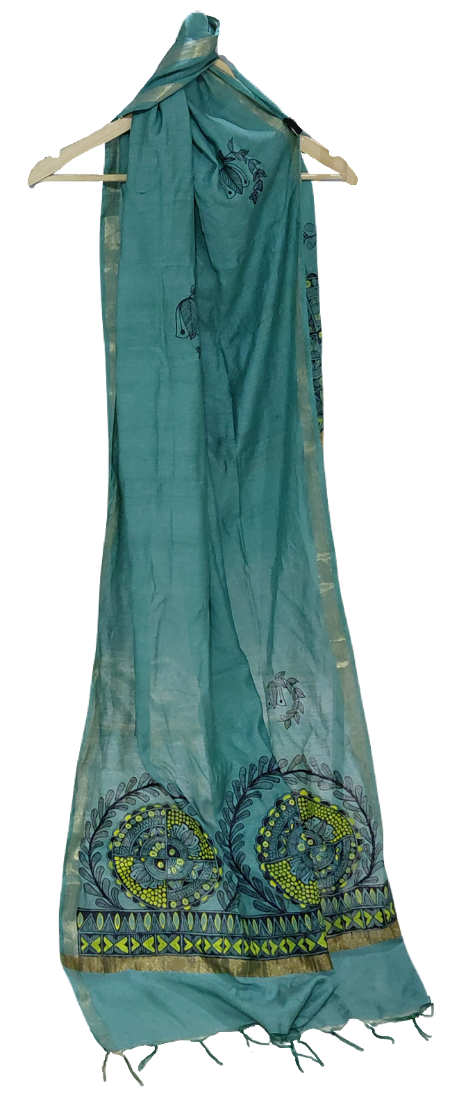 Sea Green Katan Cotton Madhubani Hand-Painted Suit Set (3 Pc Unstitched)
