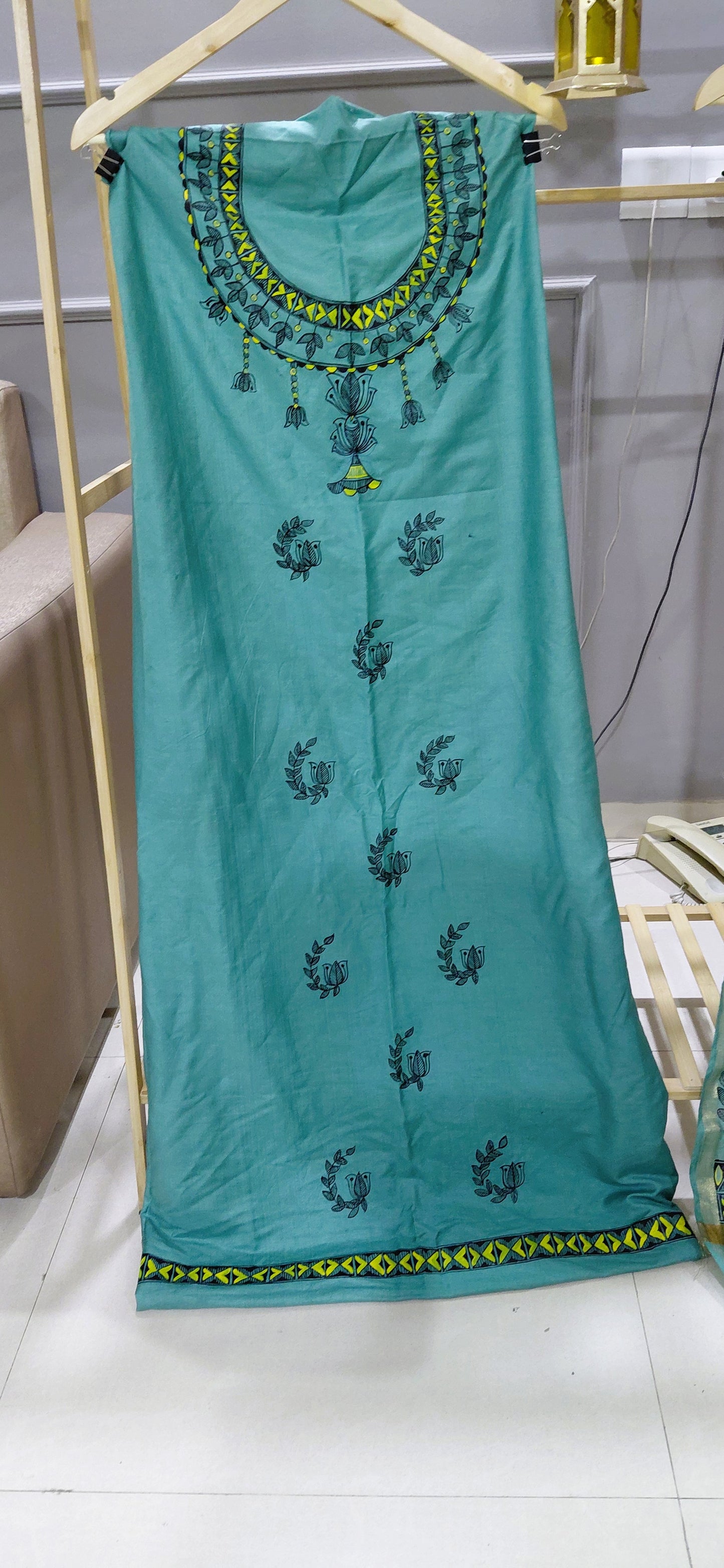 Sea Green Katan Cotton Madhubani Hand-Painted Suit Set (3 Pc Unstitched)